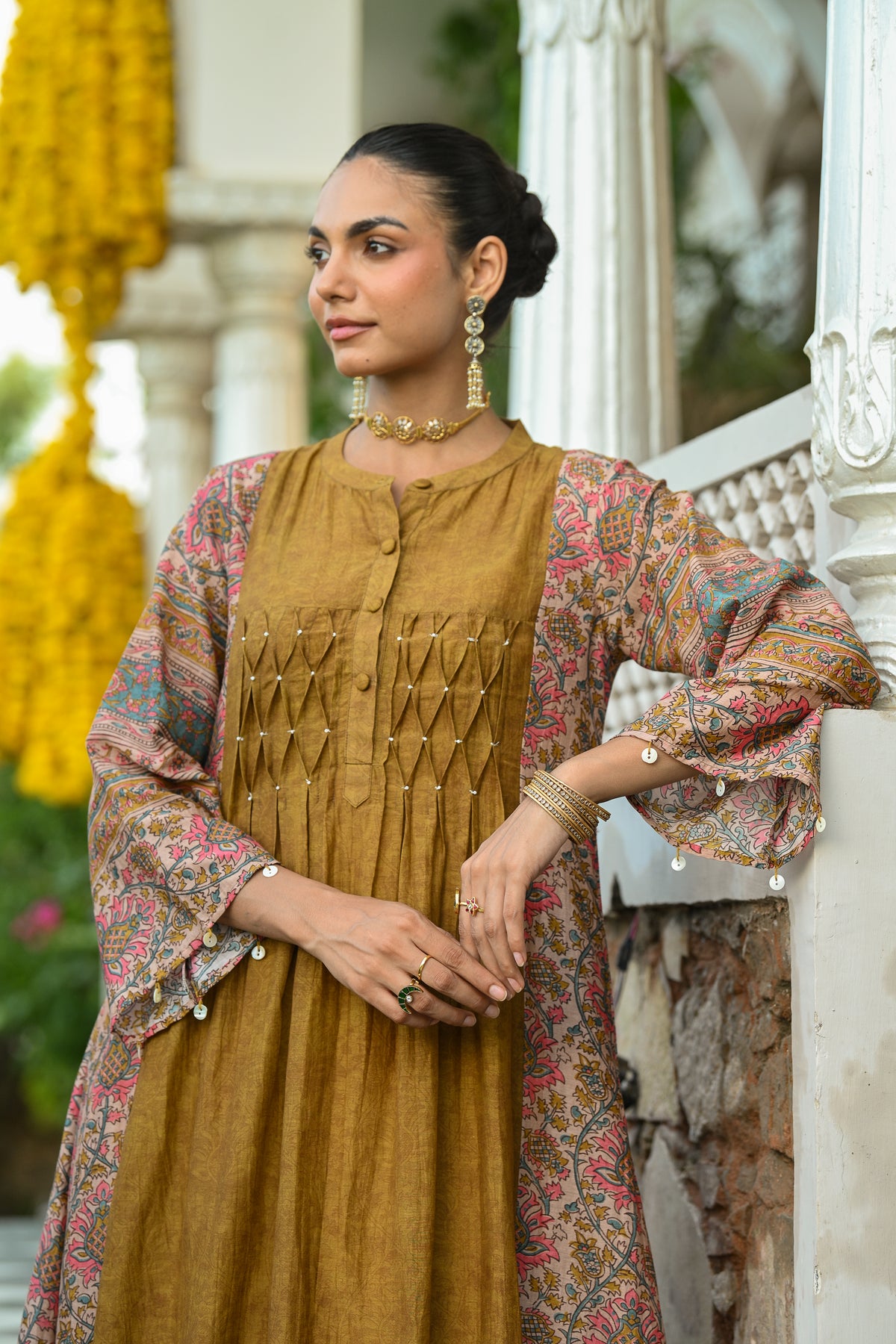 Mustard Pure Mul Chanderi with Side Block Print Smokey Work A line Kurta Set