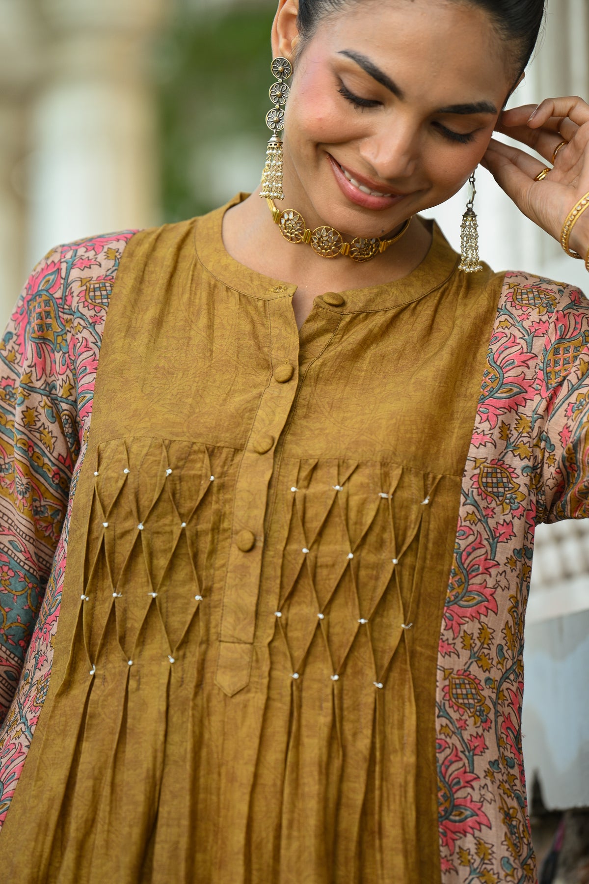 Mustard Pure Mul Chanderi with Side Block Print Smokey Work A line Kurta Set