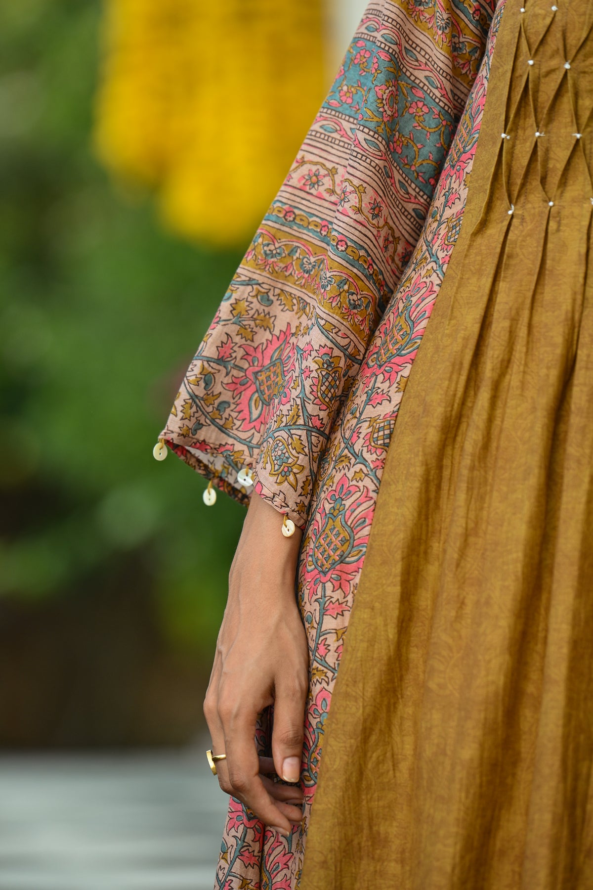 Mustard Pure Mul Chanderi with Side Block Print Smokey Work A line Kurta Set