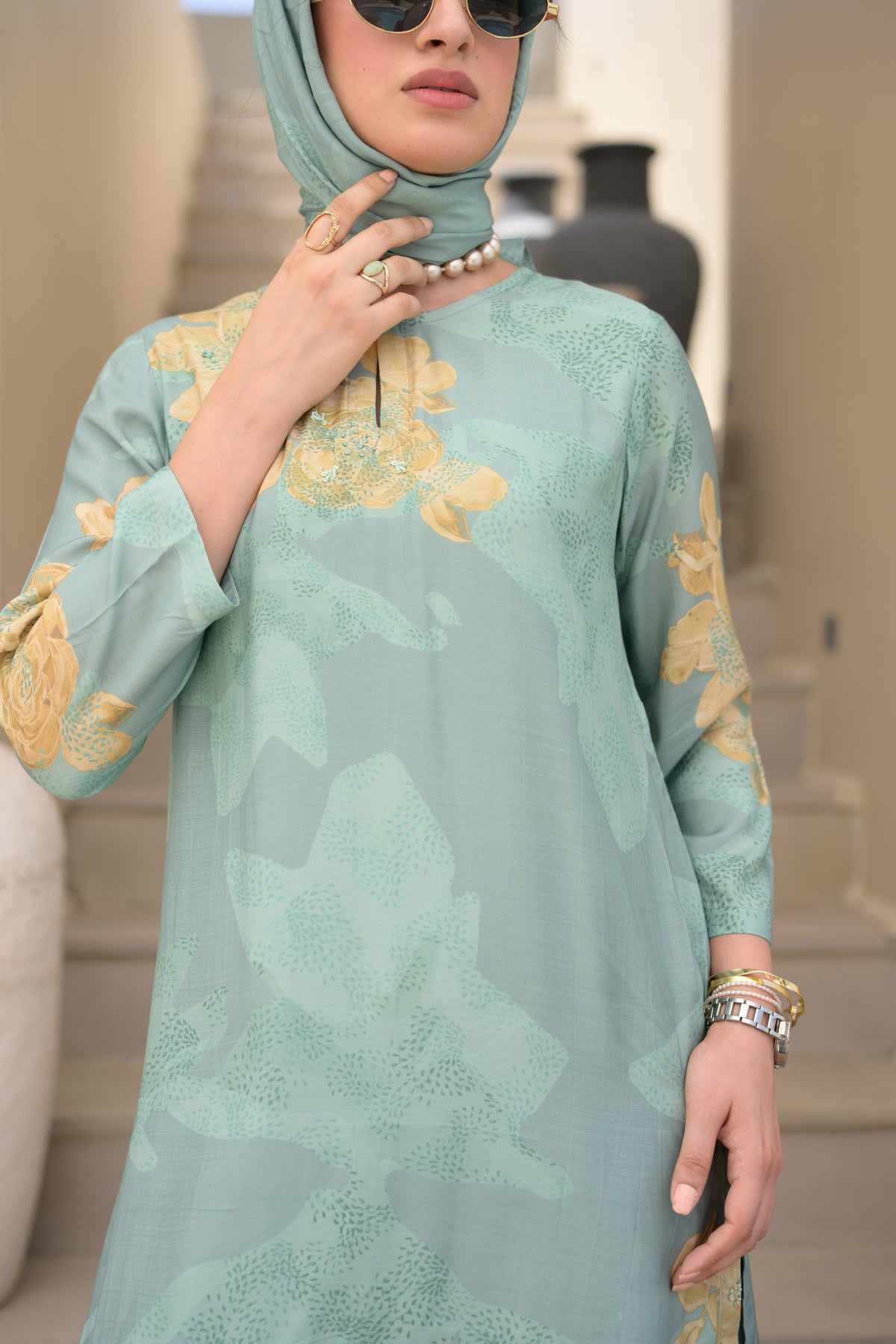 Seafoam Green Cut Work Scallope Muslin Kurta with Yellow Organza Border Embroidered Scallope Pant Set