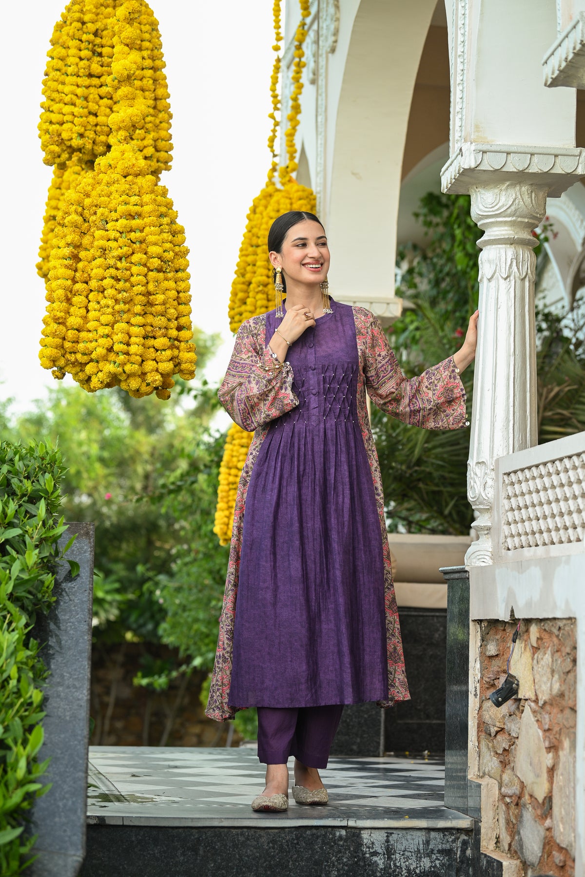 Purple Pure Mul Chanderi with Side Block Print Smokey Work A line Kurta Set