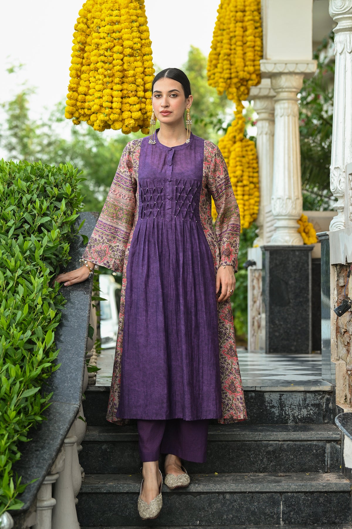 Purple Pure Mul Chanderi with Side Block Print Smokey Work A line Kurta Set