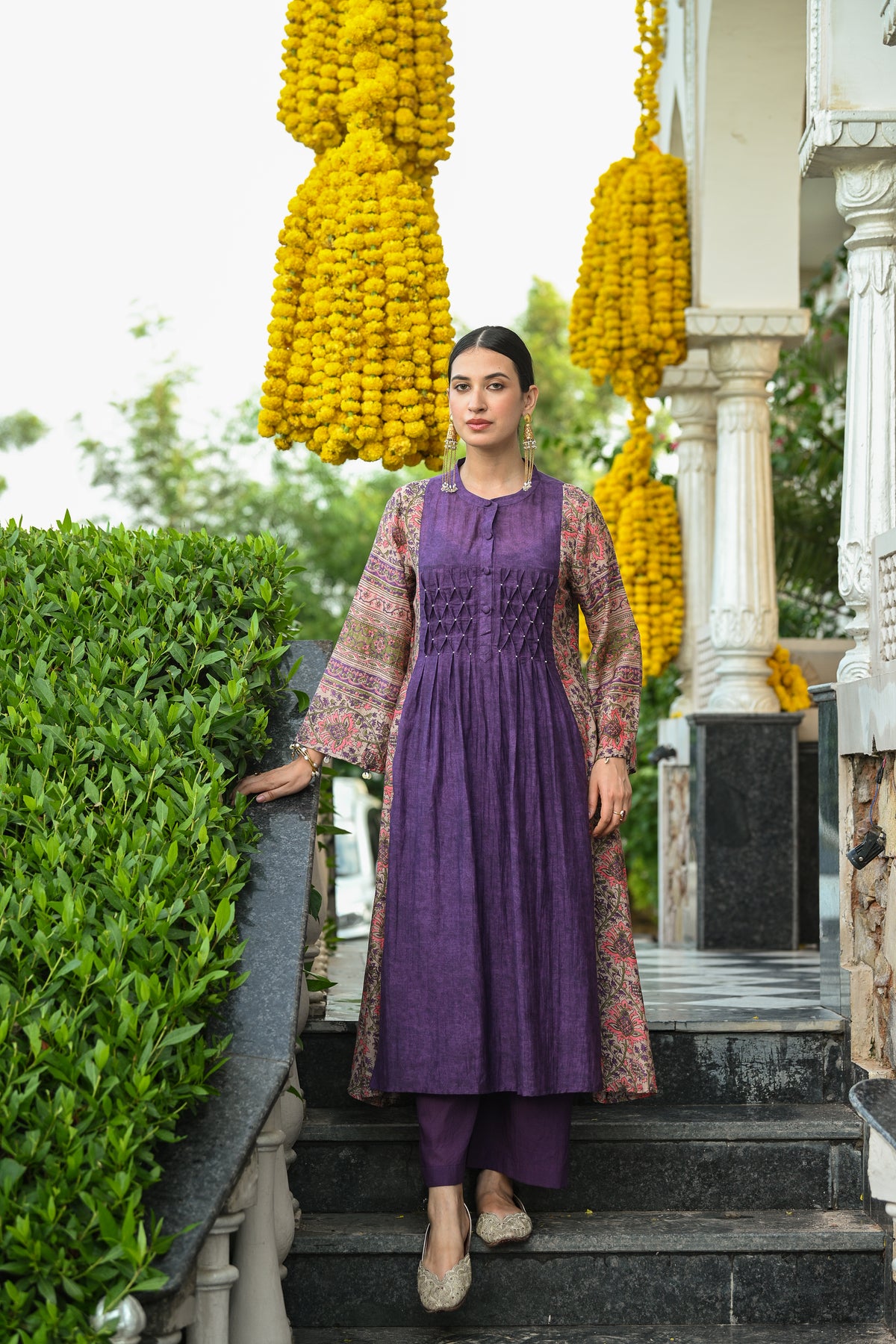 Purple Pure Mul Chanderi with Side Block Print Smokey Work A line Kurta Set