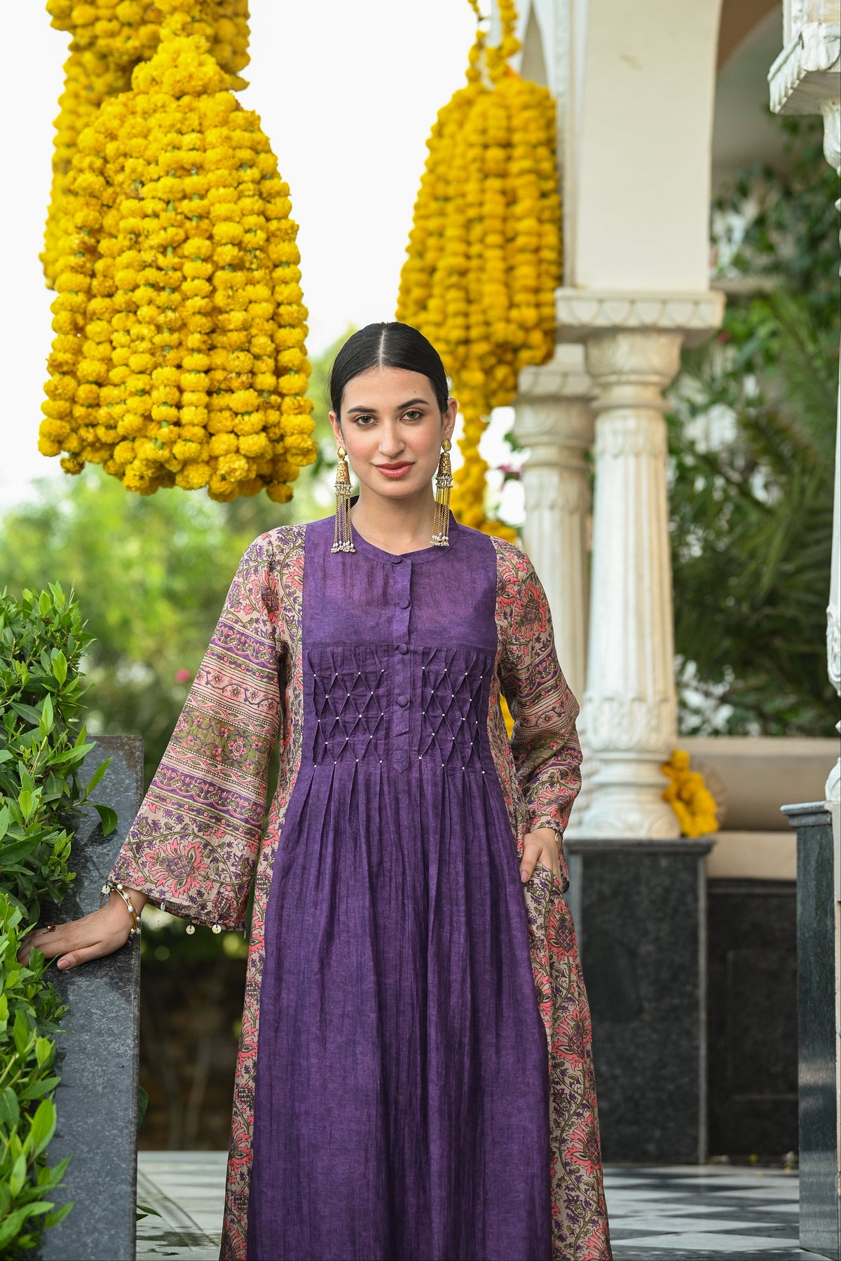 Purple Pure Mul Chanderi with Side Block Print Smokey Work A line Kurta Set