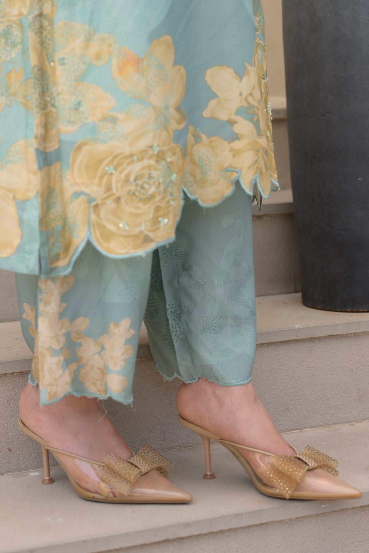 Seafoam Green Cut Work Scallope Muslin Kurta with Yellow Organza Border Embroidered Scallope Pant Set