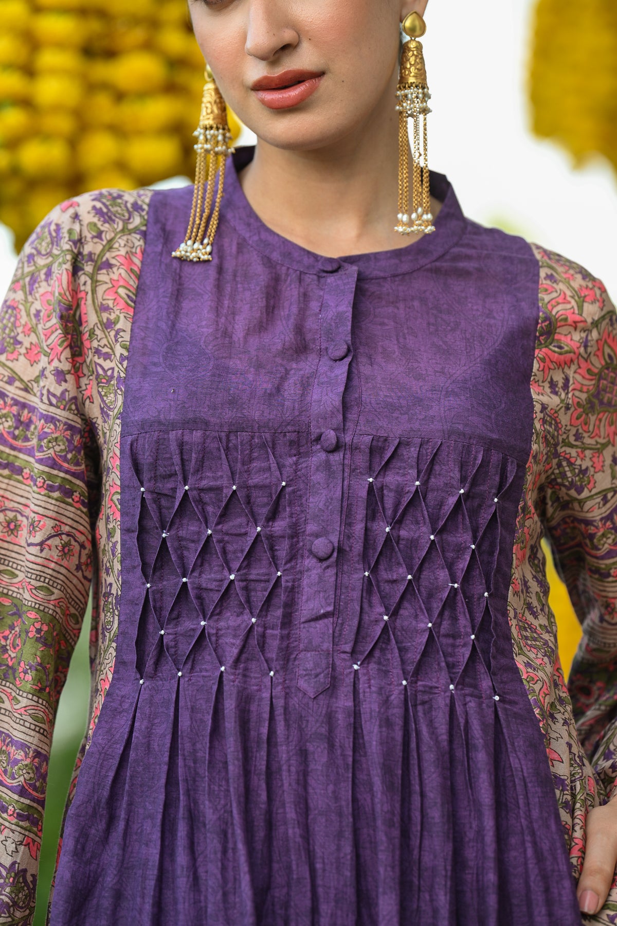 Purple Pure Mul Chanderi with Side Block Print Smokey Work A line Kurta Set