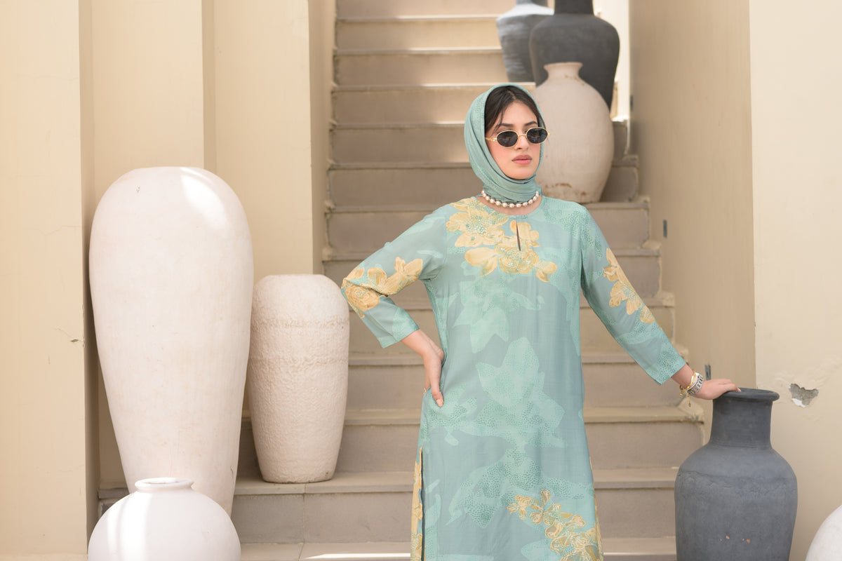 Seafoam Green Cut Work Scallope Muslin Kurta with Yellow Organza Border Embroidered Scallope Pant Set