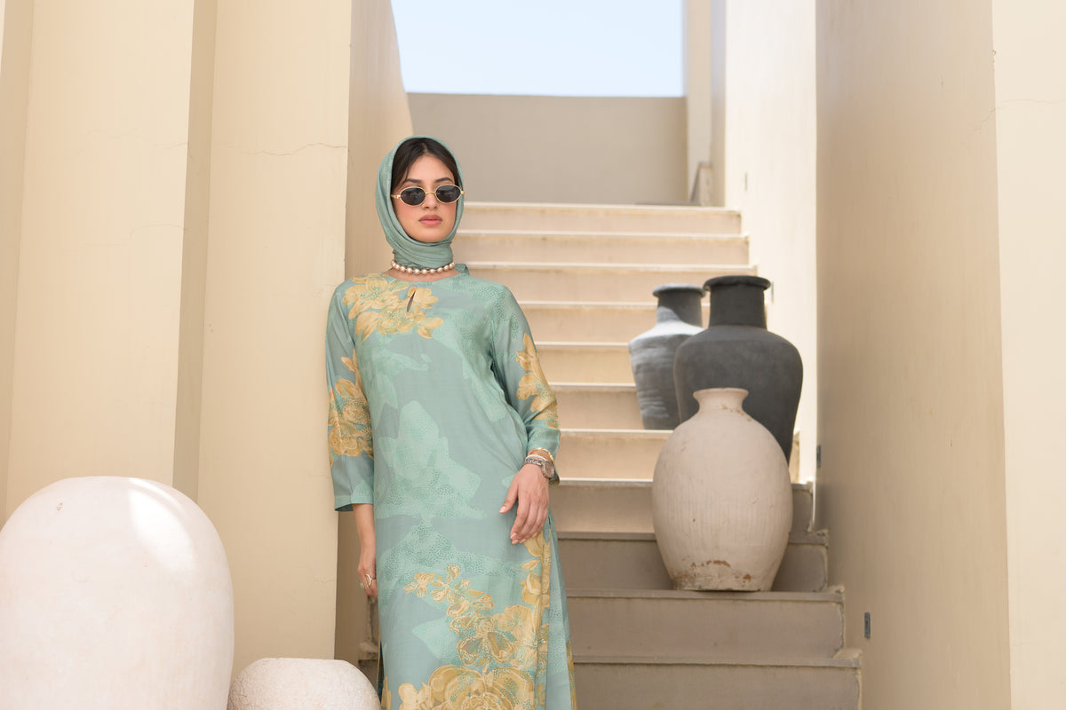Seafoam Green Cut Work Scallope Muslin Kurta with Yellow Organza Border Embroidered Scallope Pant Set