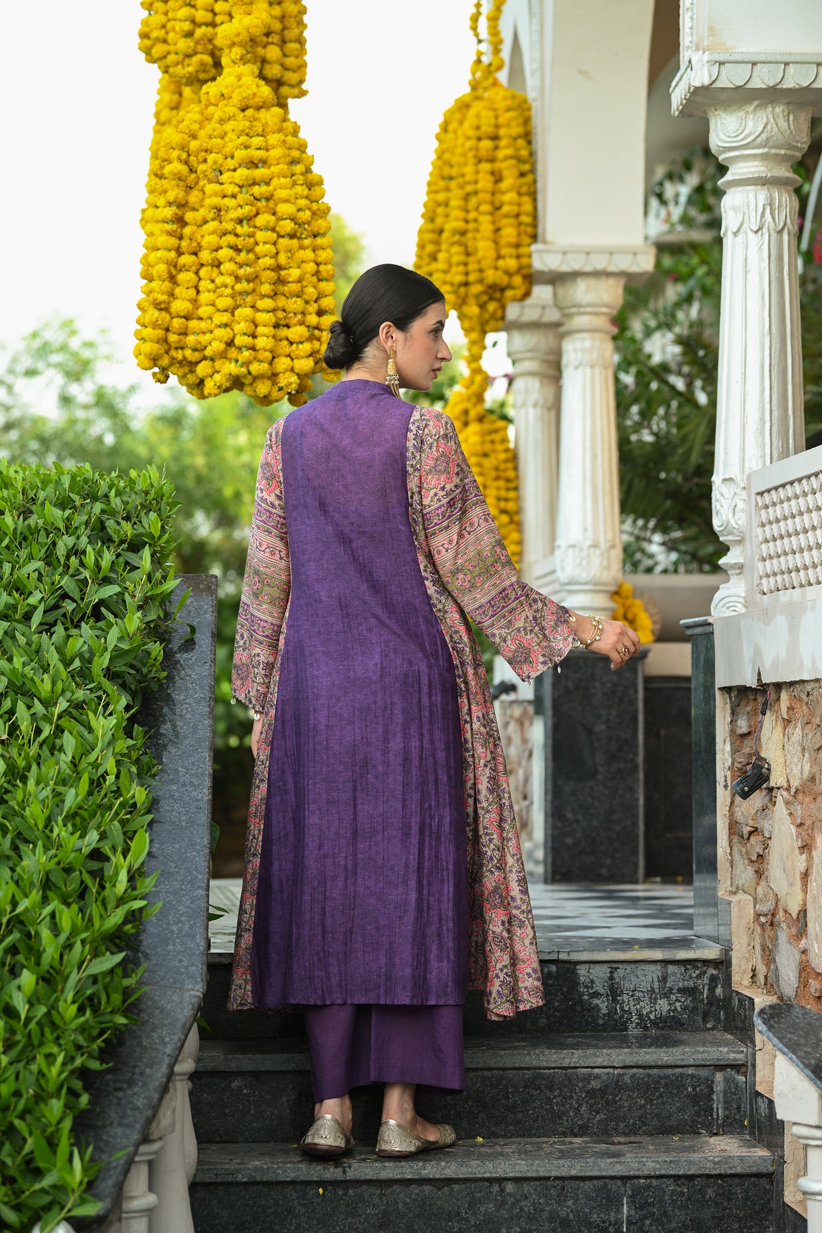 Purple Pure Mul Chanderi with Side Block Print Smokey Work A line Kurta Set