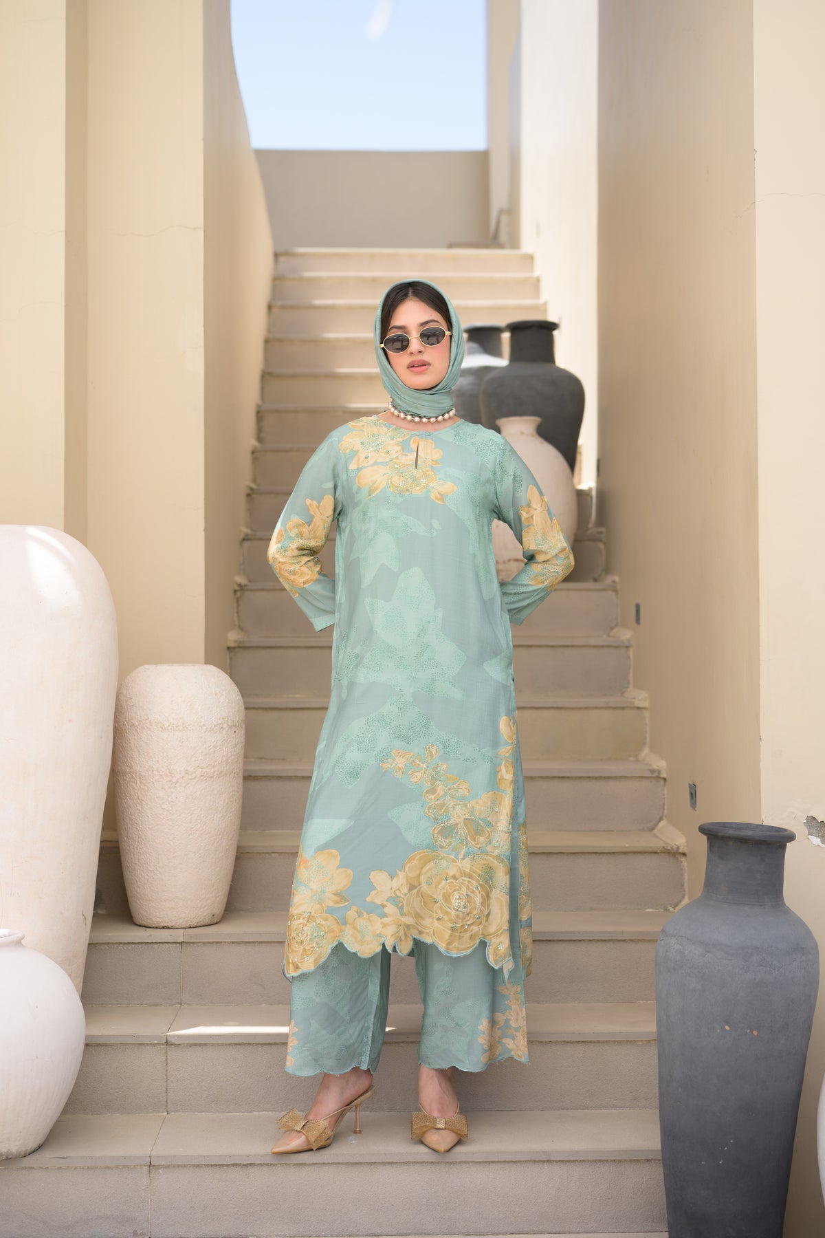 Seafoam Green Cut Work Scallope Muslin Kurta with Yellow Organza Border Embroidered Scallope Pant Set