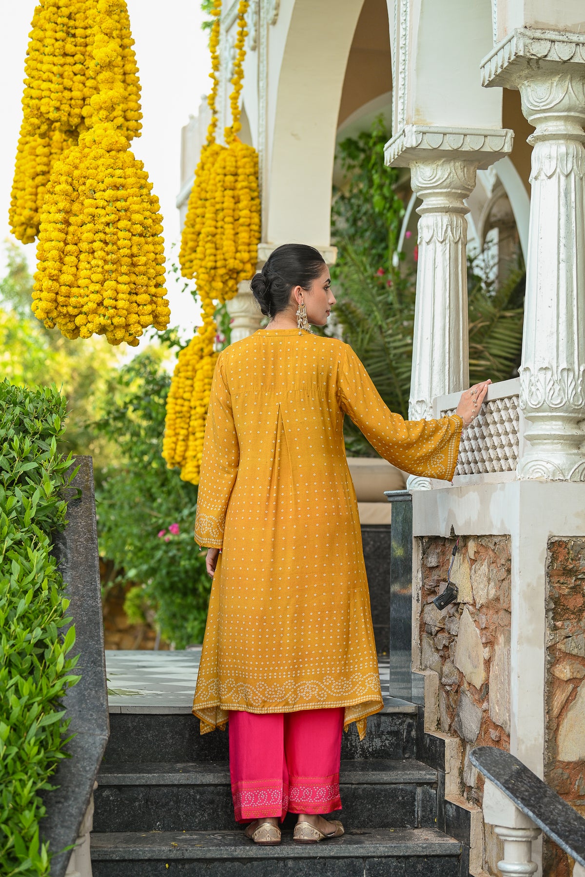 Yellow and Pink Bandhani A line kurta set with Sequence , Mirror and Thread Work