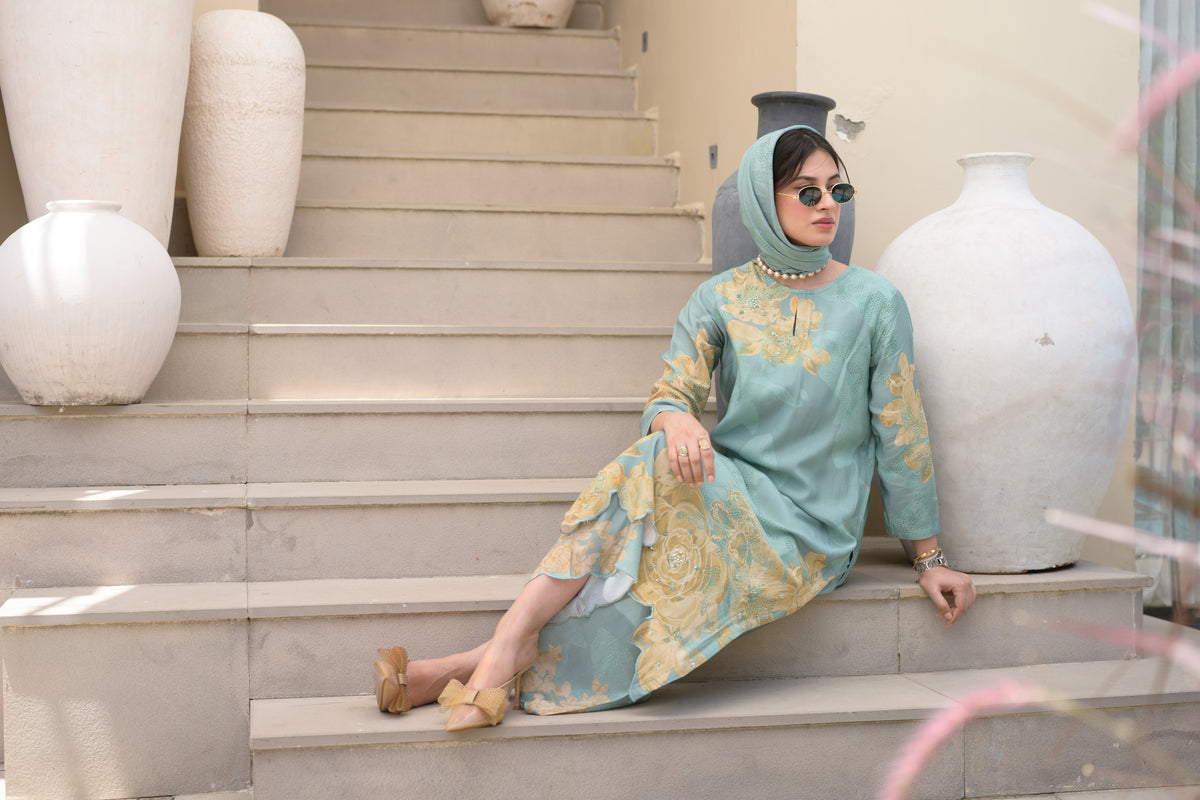Seafoam Green Cut Work Scallope Muslin Kurta with Yellow Organza Border Embroidered Scallope Pant Set