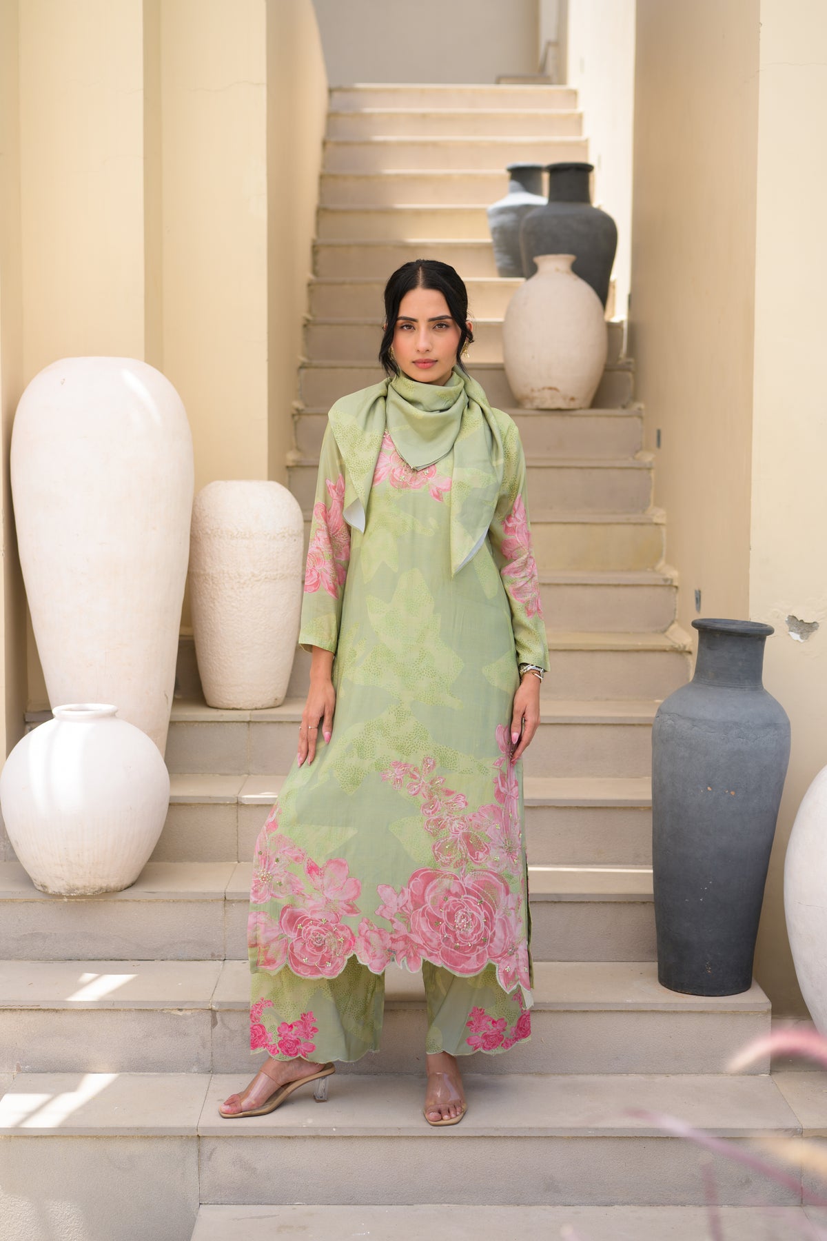 Sage Green Cut Work Scallope Muslin Kurta with Organza Border Embroidered Scallope Pant Set