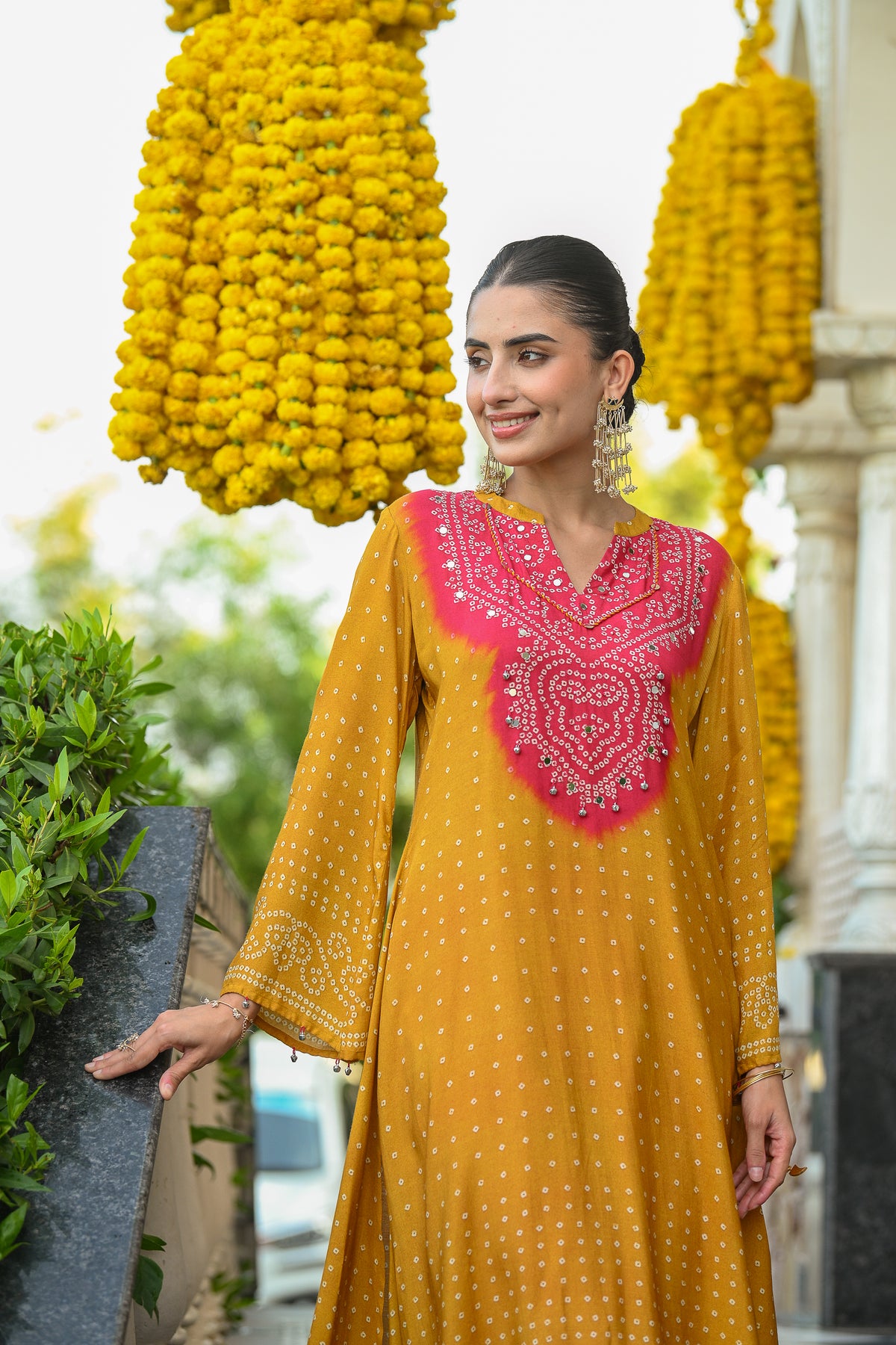 Yellow and Pink Bandhani A line kurta set with Sequence , Mirror and Thread Work