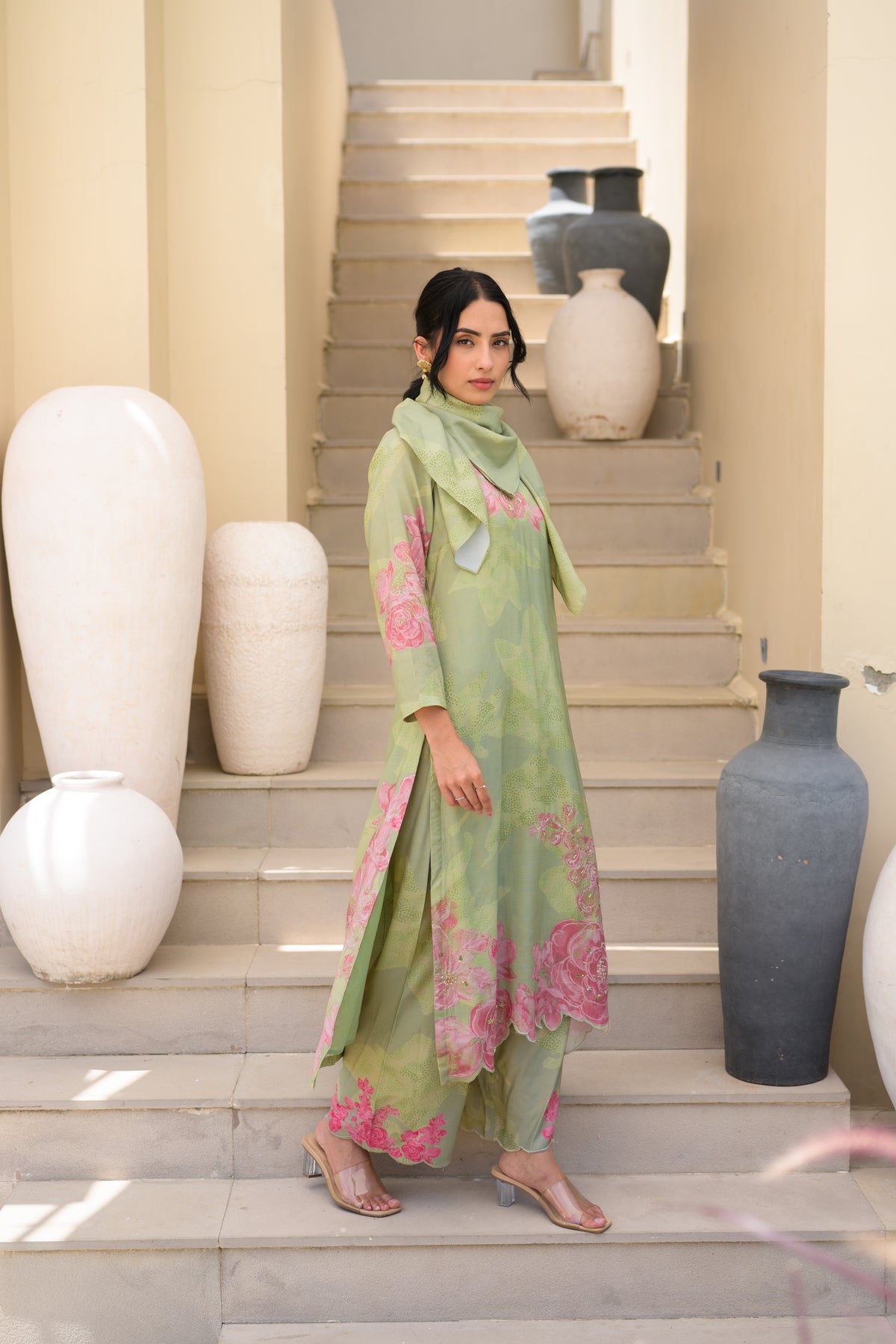 Sage Green Cut Work Scallope Muslin Kurta with Organza Border Embroidered Scallope Pant Set
