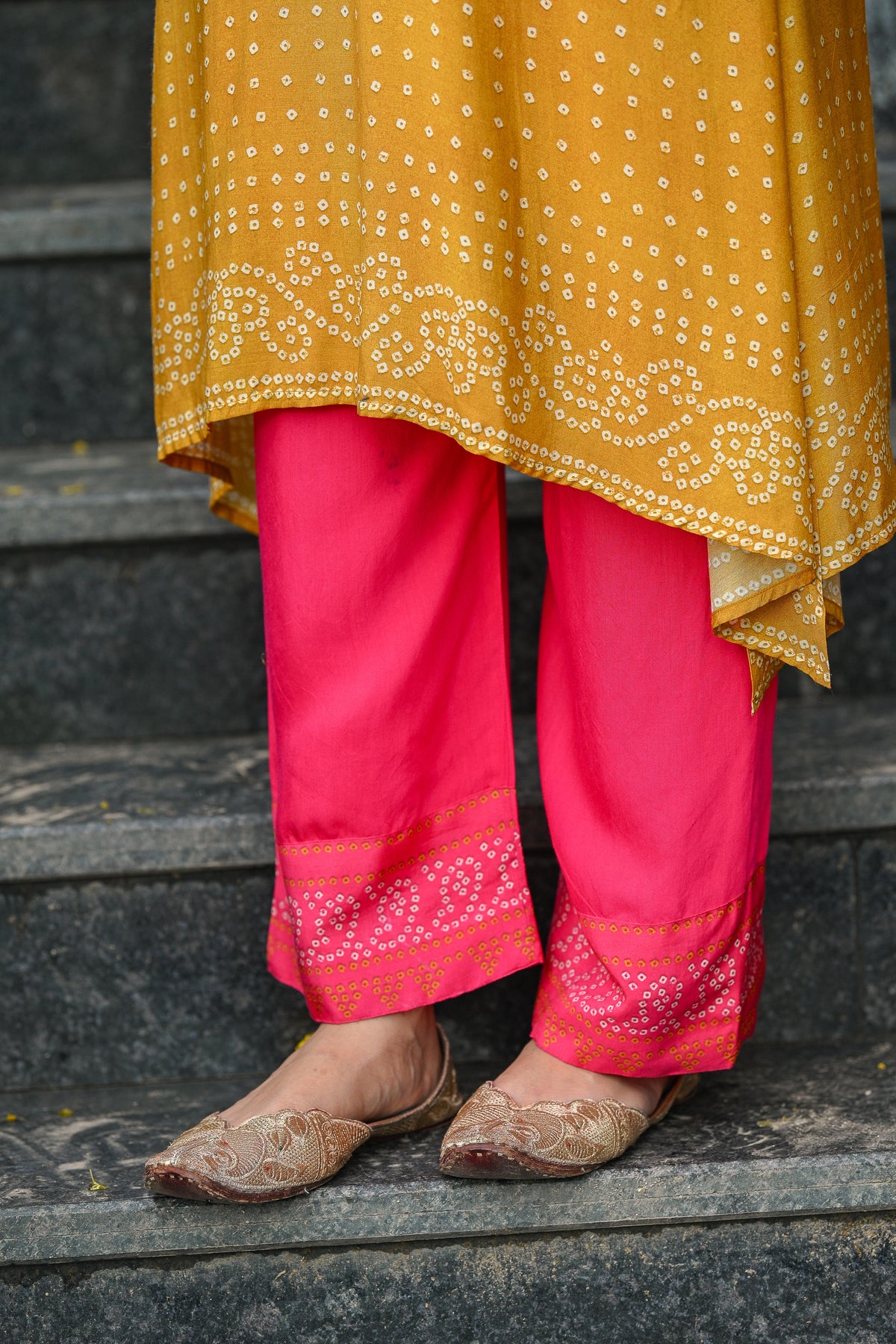 Yellow and Pink Bandhani A line kurta set with Sequence , Mirror and Thread Work