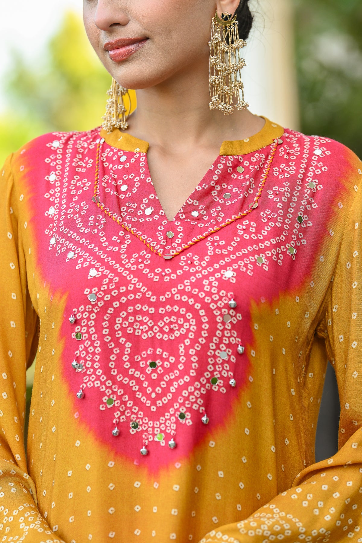 Yellow and Pink Bandhani A line kurta set with Sequence , Mirror and Thread Work