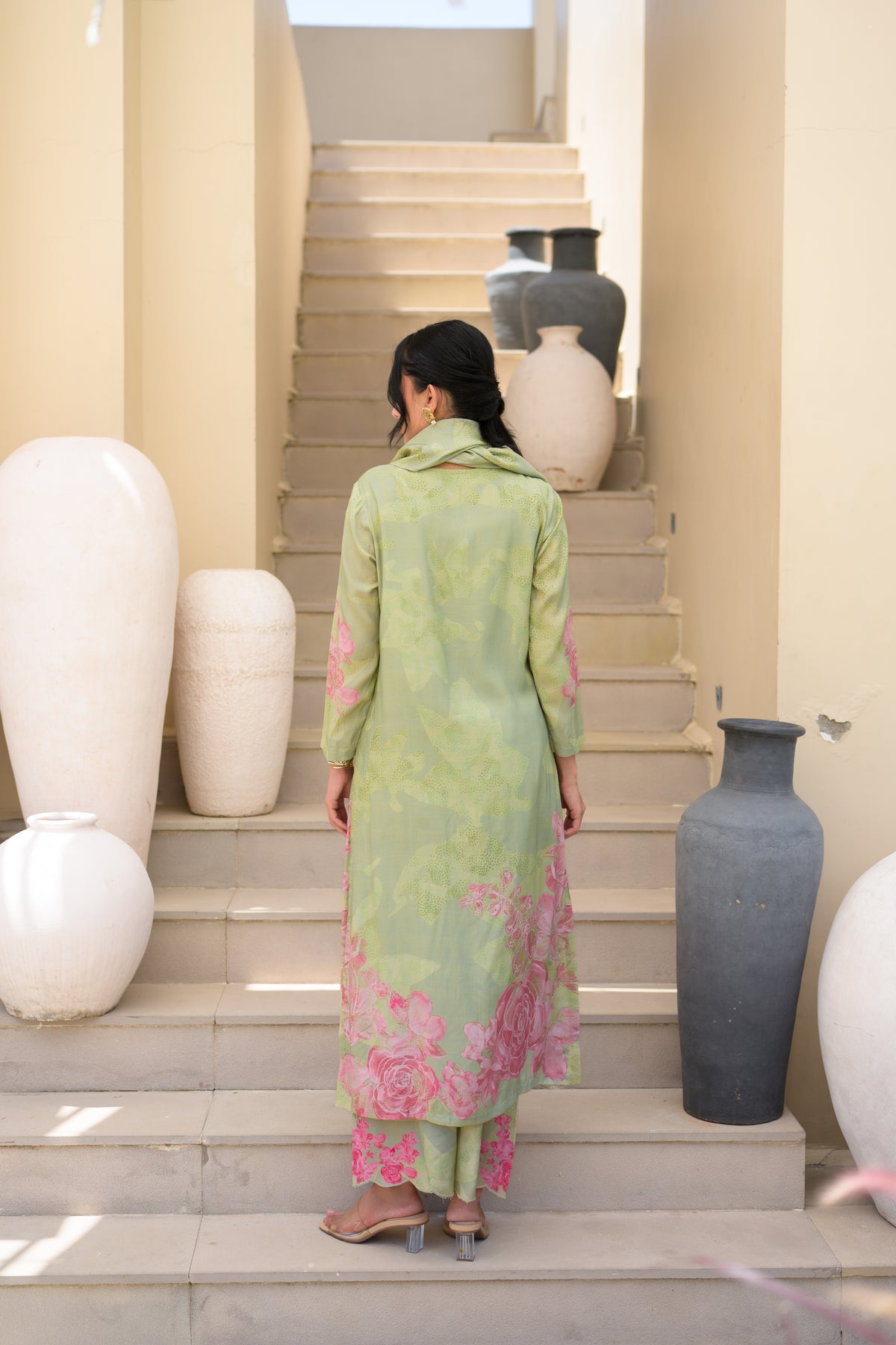 Sage Green Cut Work Scallope Muslin Kurta with Organza Border Embroidered Scallope Pant Set