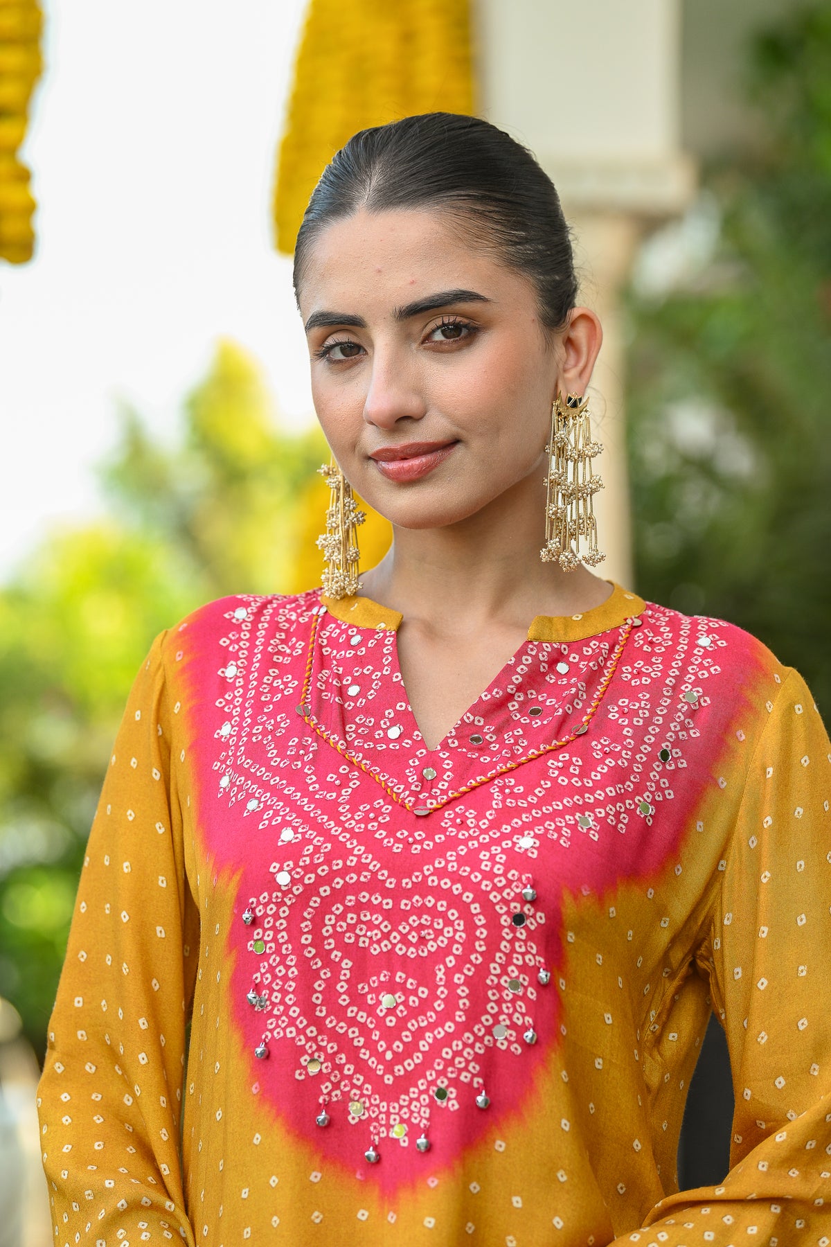 Yellow and Pink Bandhani A line kurta set with Sequence , Mirror and Thread Work