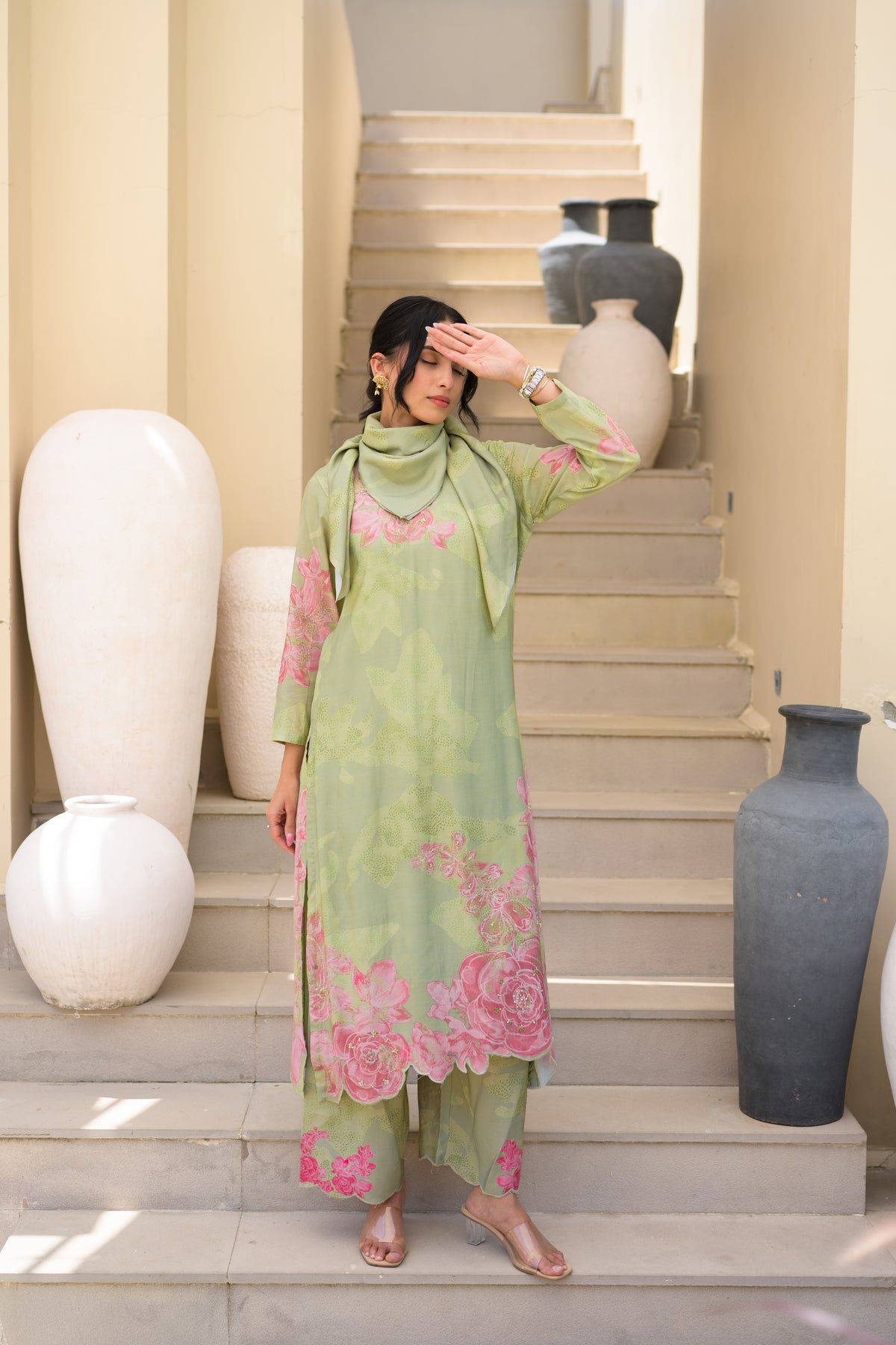 Sage Green Cut Work Scallope Muslin Kurta with Organza Border Embroidered Scallope Pant Set