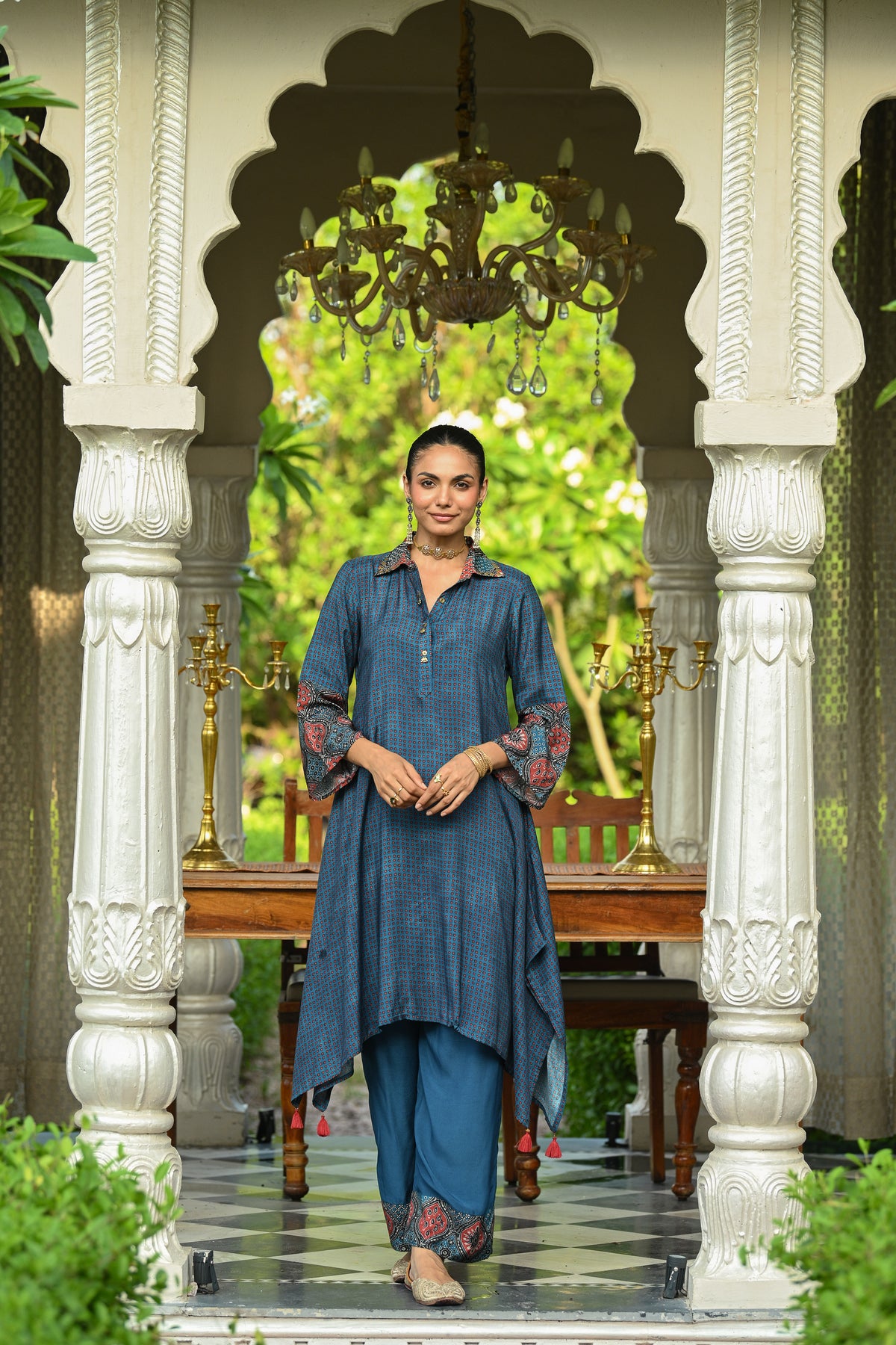 Blue Block Print Muslin A line Collared Kurta Set