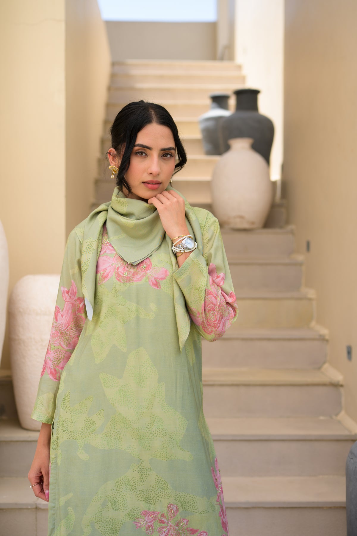 Sage Green Cut Work Scallope Muslin Kurta with Organza Border Embroidered Scallope Pant Set