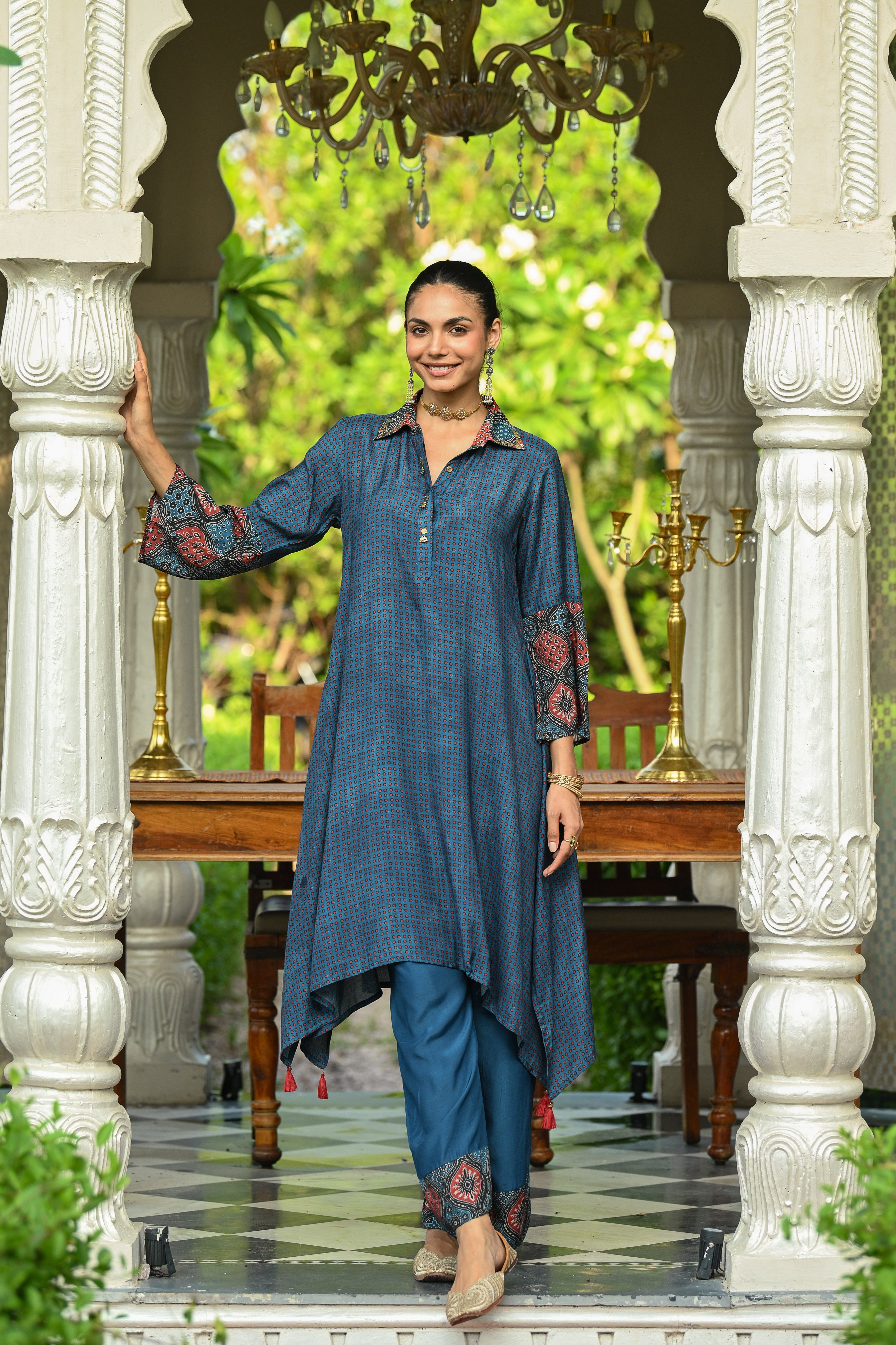 Blue Block Print Muslin A line Collared Kurta Set