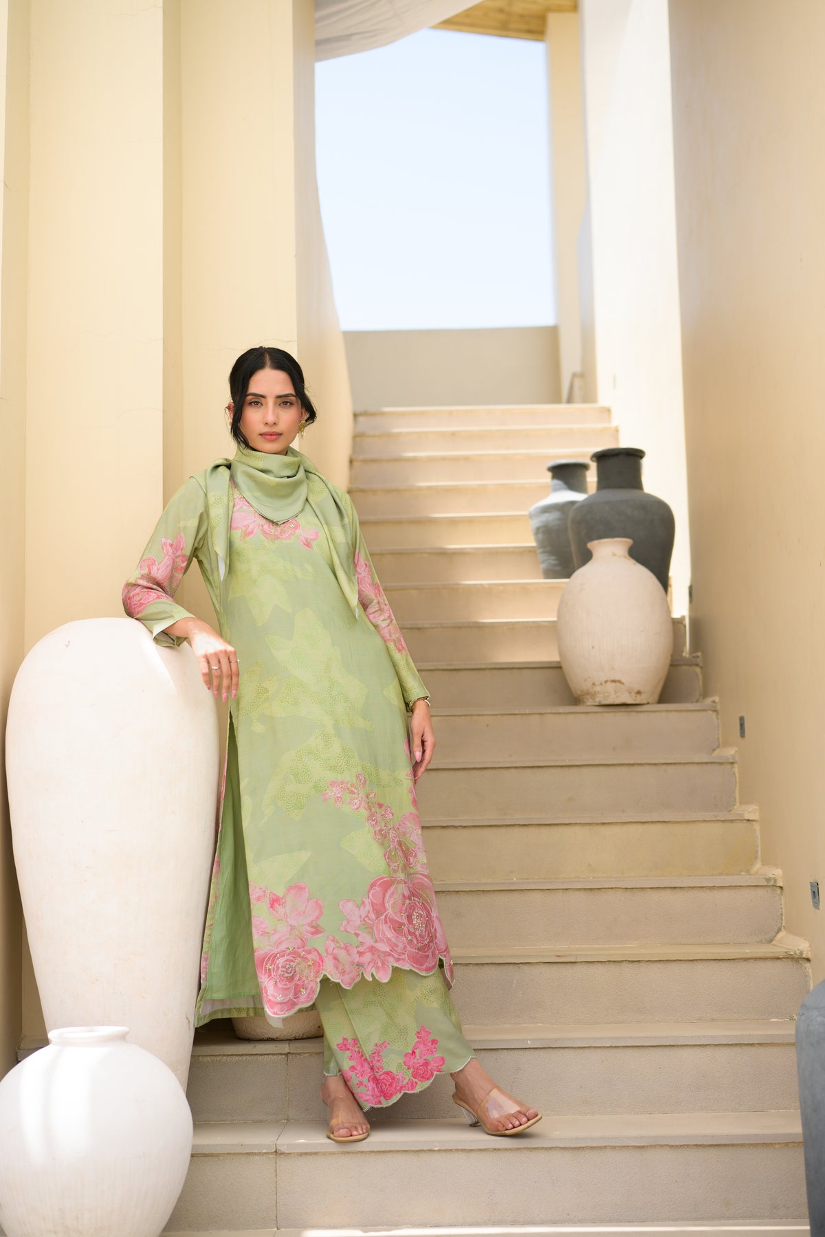 Sage Green Cut Work Scallope Muslin Kurta with Organza Border Embroidered Scallope Pant Set