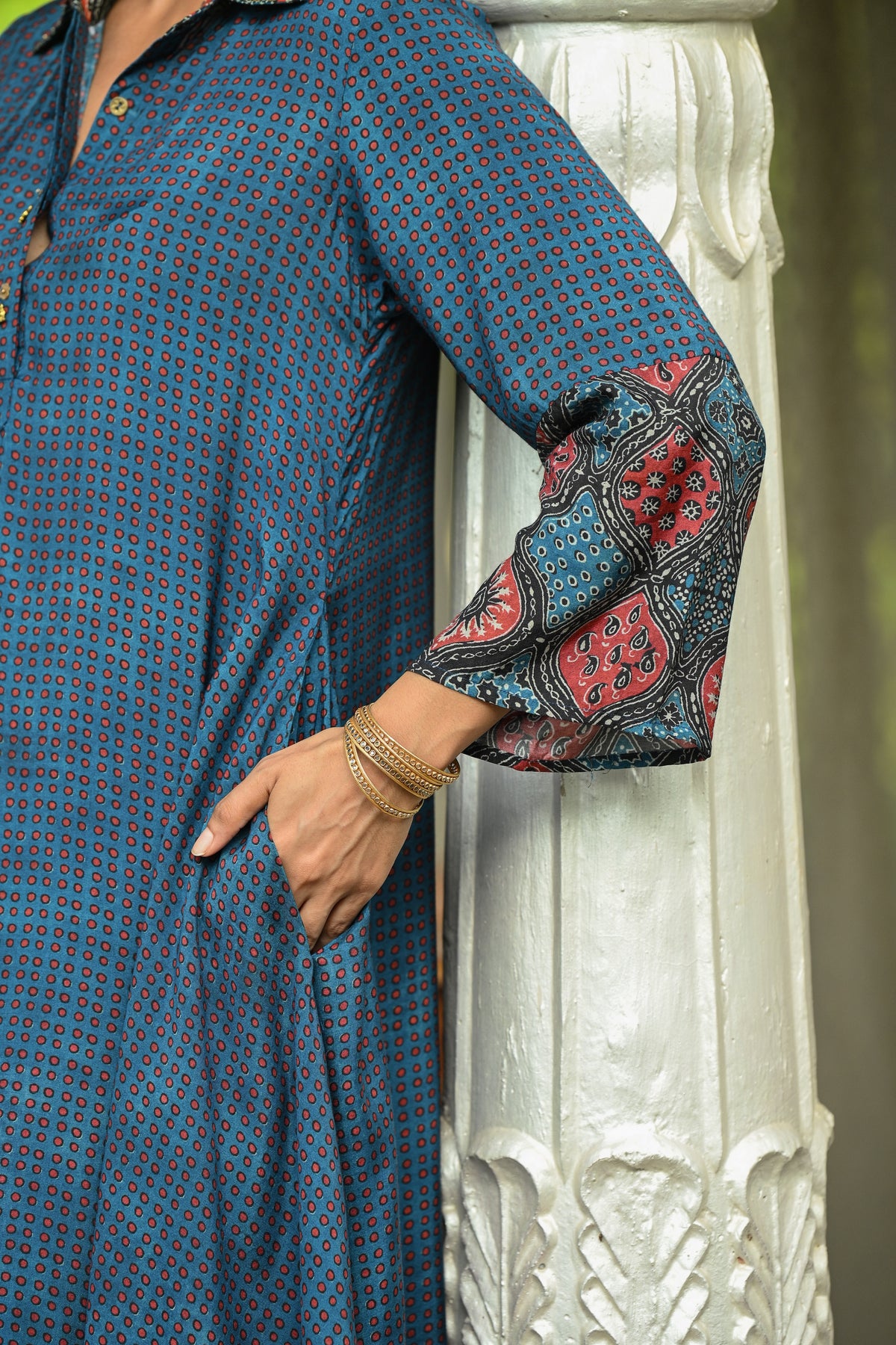Blue Block Print Muslin A line Collared Kurta Set