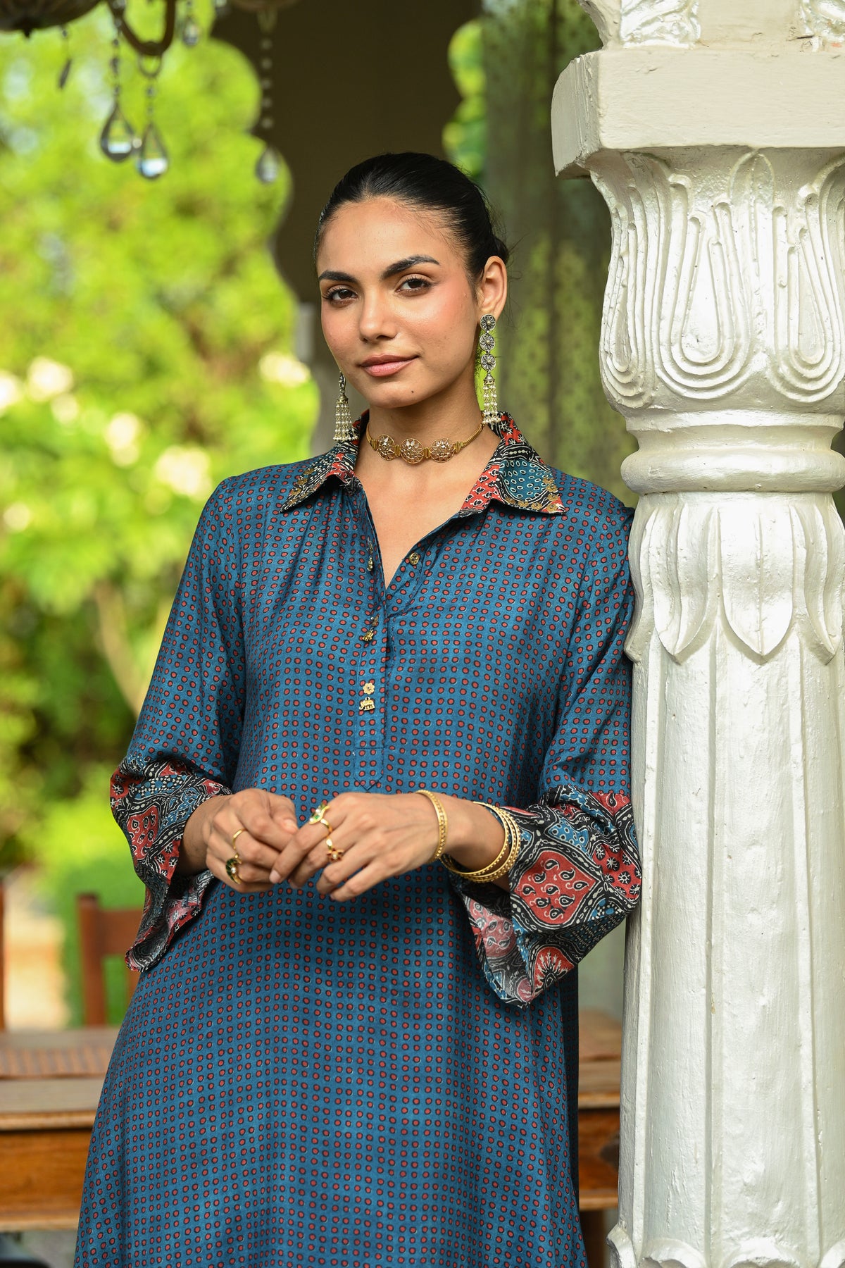 Blue Block Print Muslin A line Collared Kurta Set