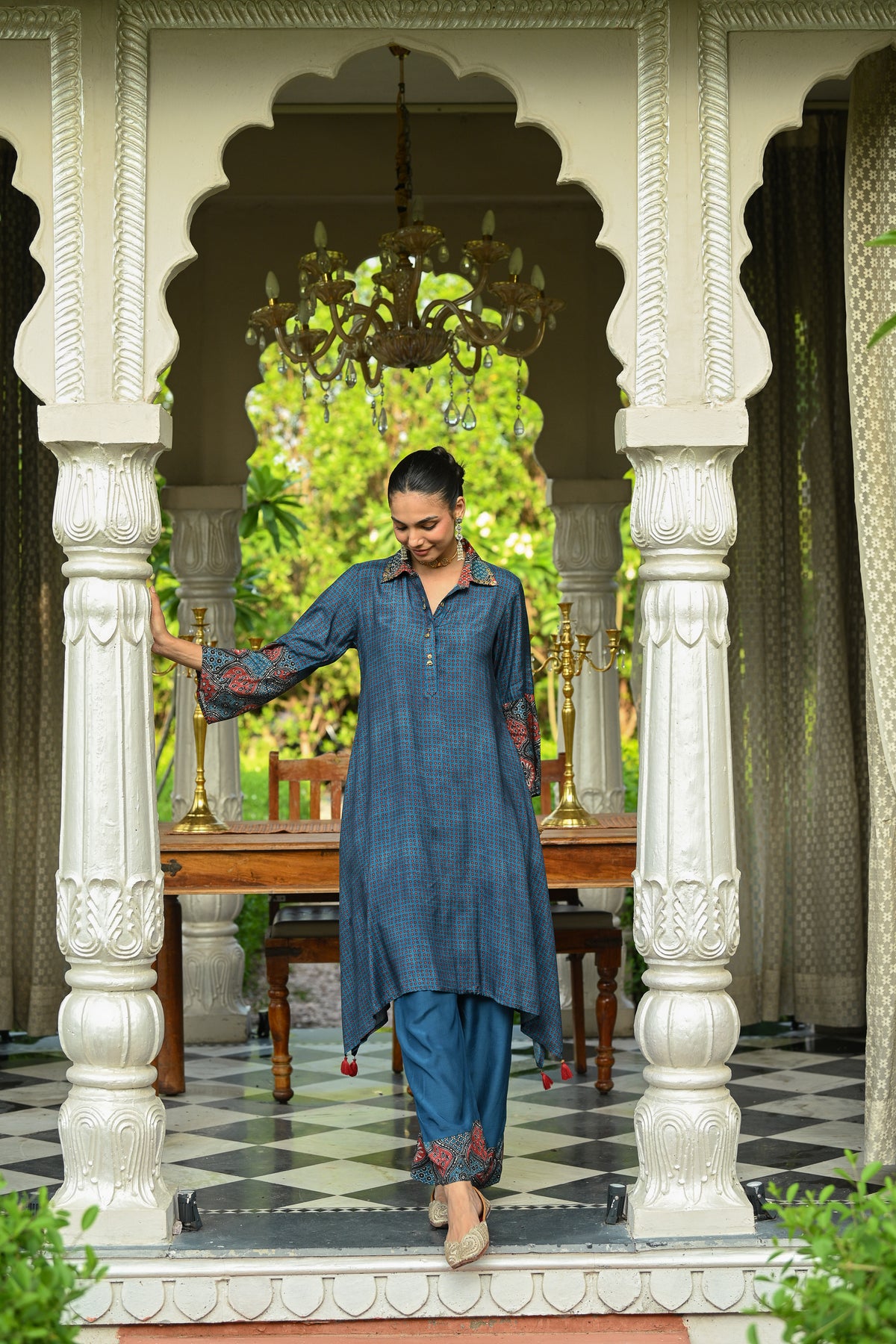 Blue Block Print Muslin A line Collared Kurta Set