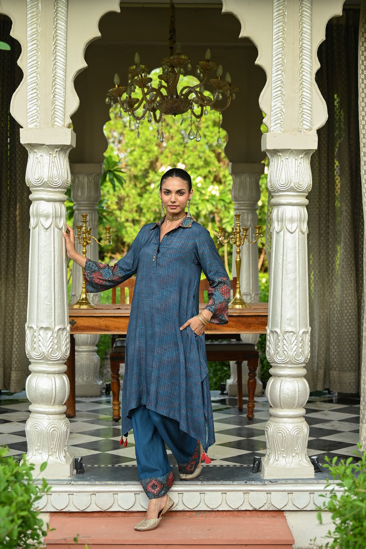 Blue Block Print Muslin A line Collared Kurta Set