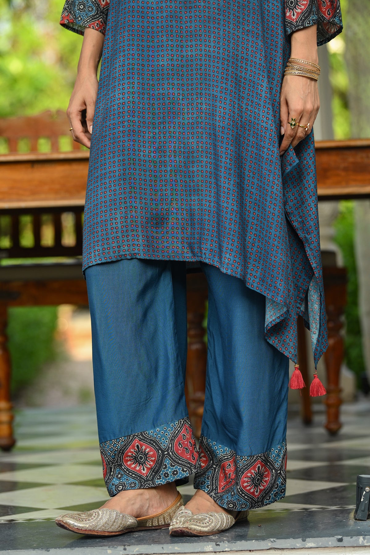 Blue Block Print Muslin A line Collared Kurta Set