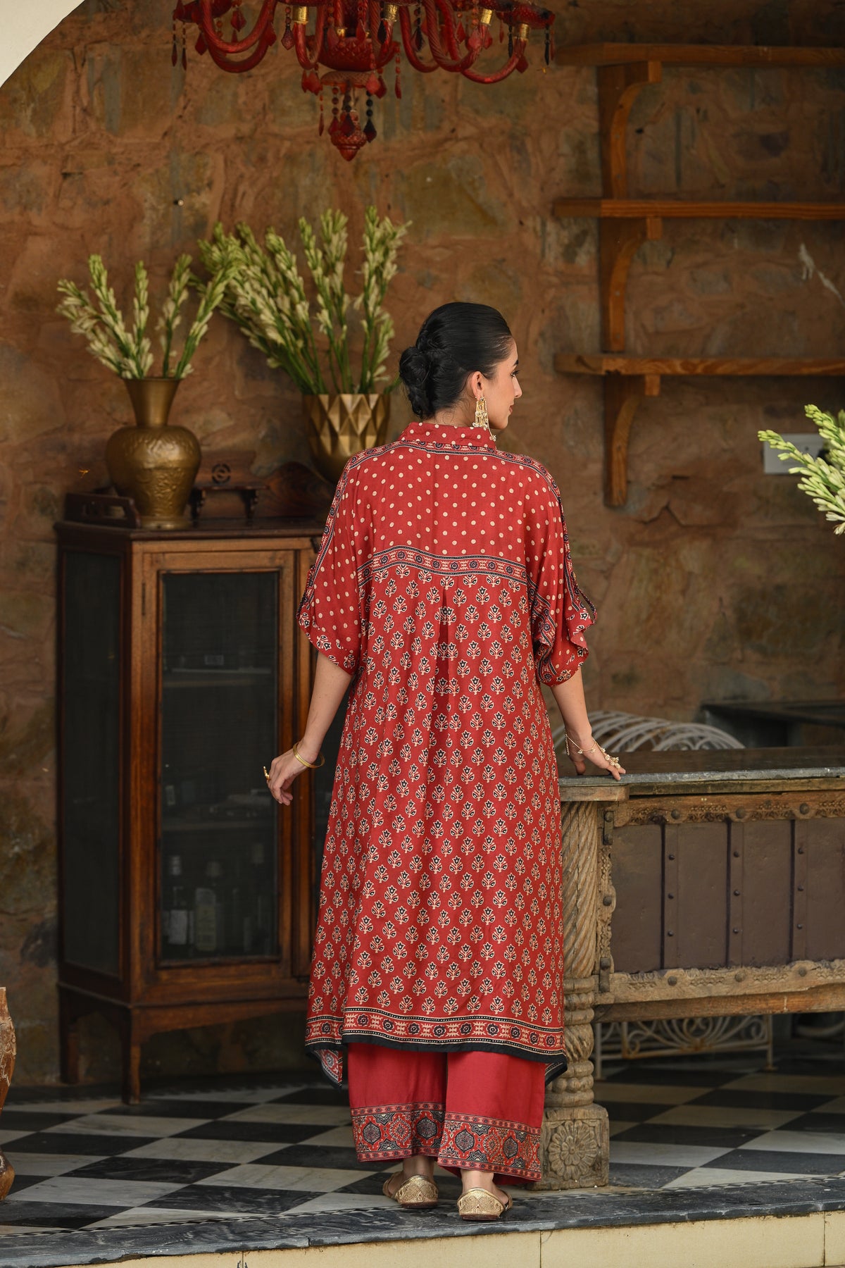 Red and Black Block and Ajrakh Print Kaftan Kurta Set