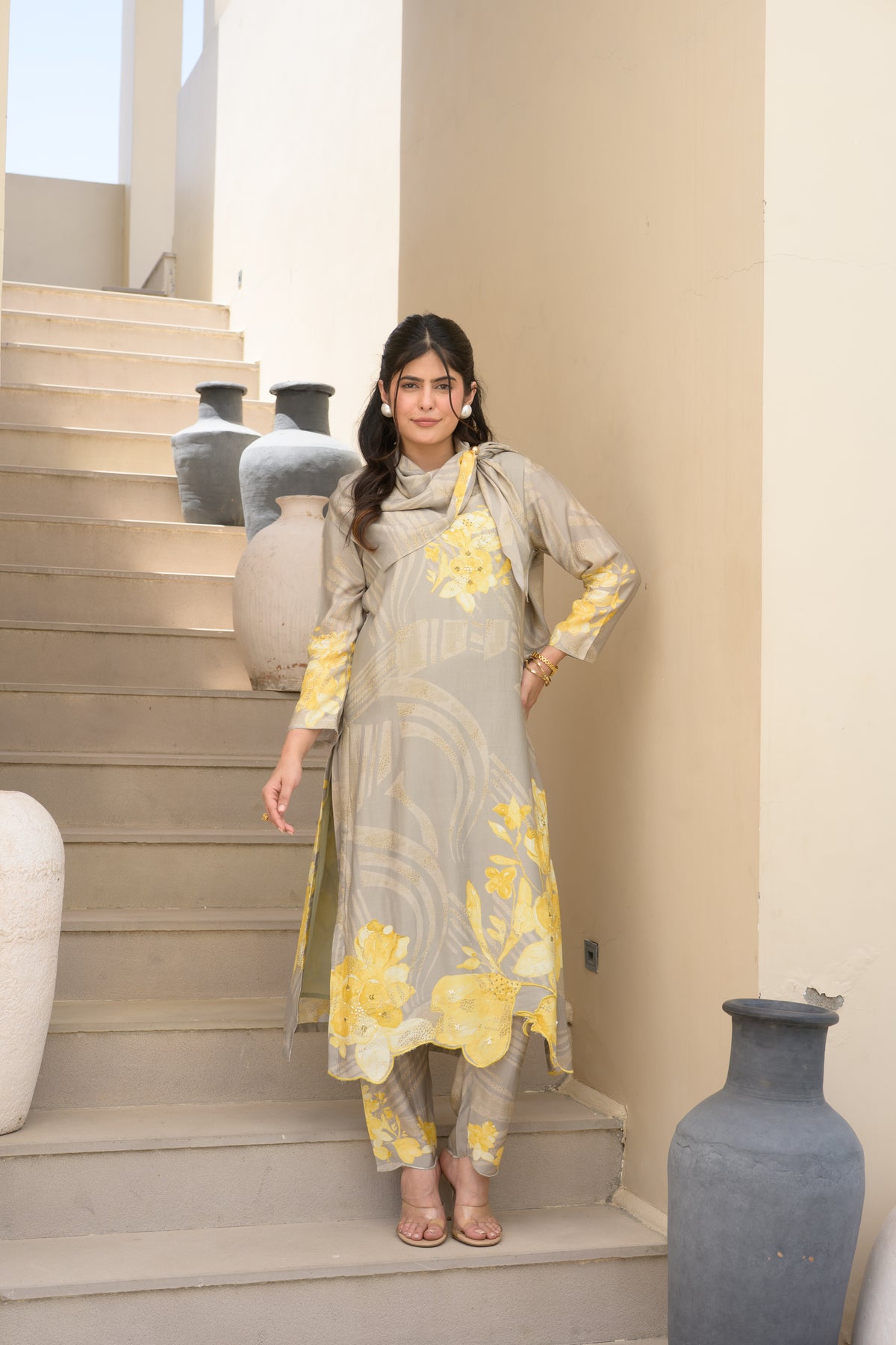 Grey and Yellow Cut Work Scallope Muslin Kurta with Yellow Organza Border Embroidered Scallope Pant Set