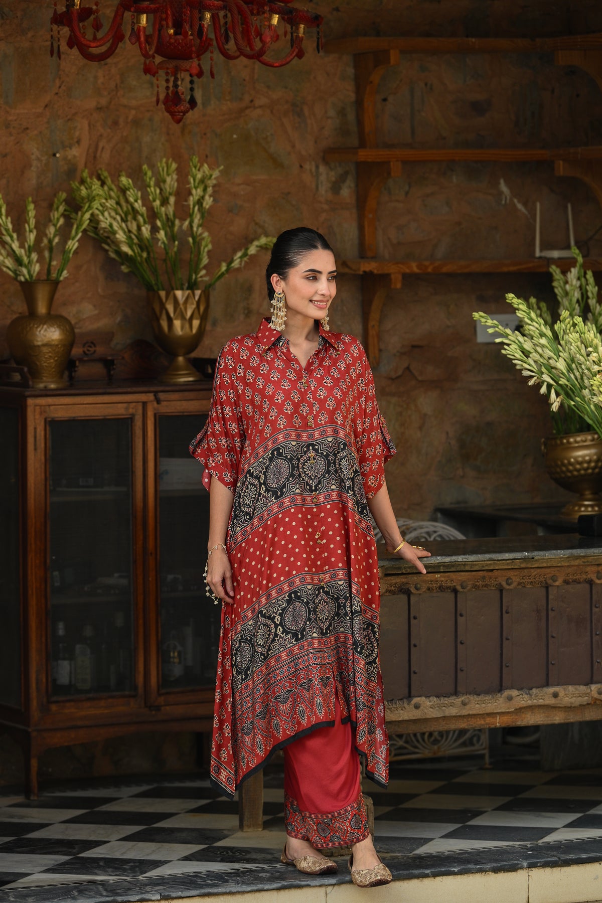 Red and Black Block and Ajrakh Print Kaftan Kurta Set