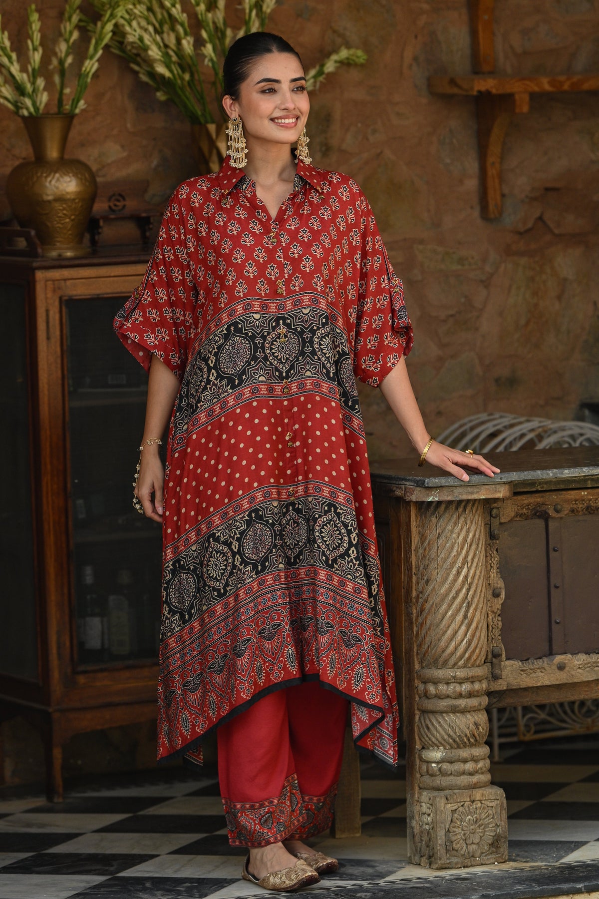 Red and Black Block and Ajrakh Print Kaftan Kurta Set