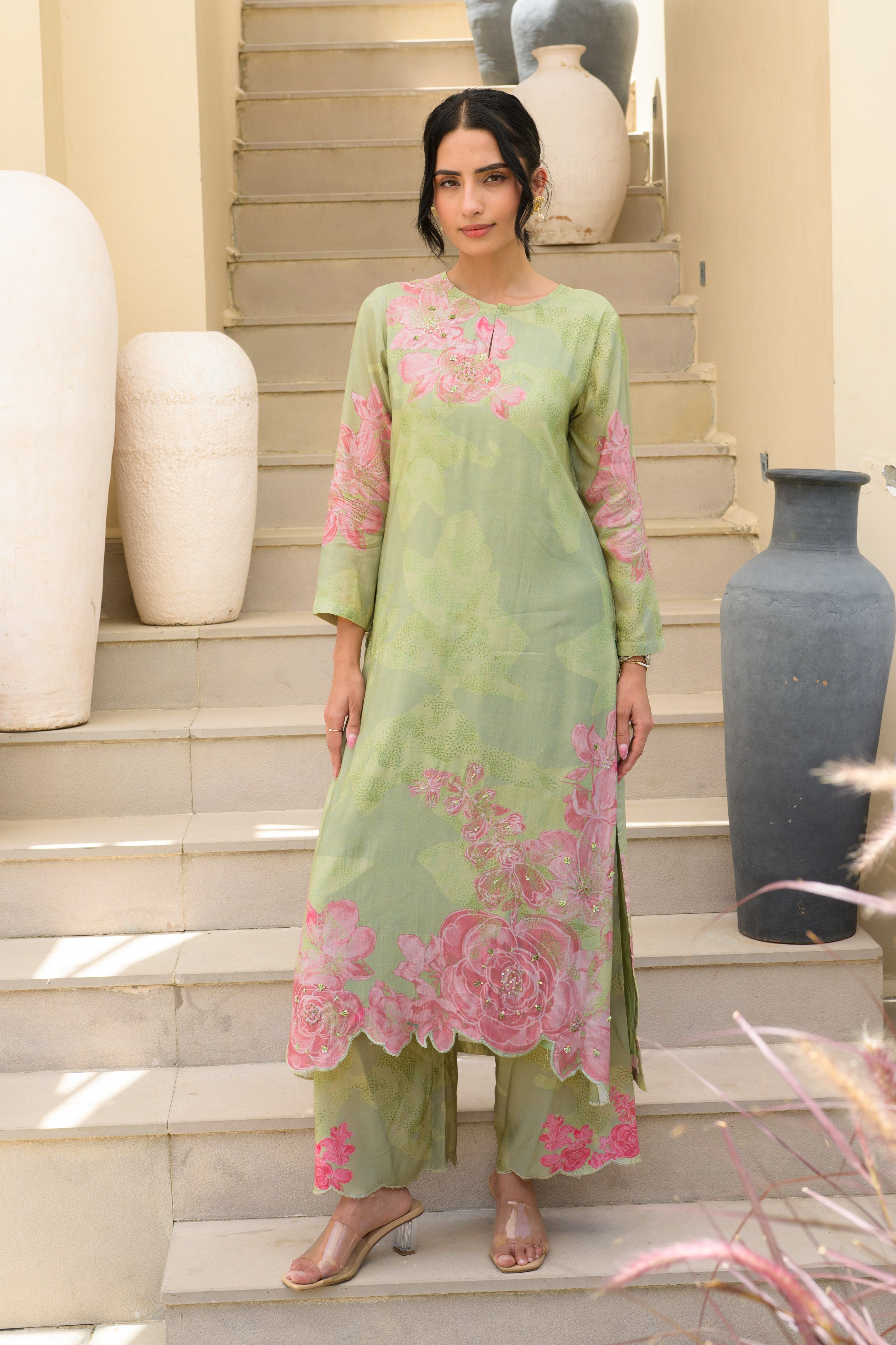 Sage Green Cut Work Scallope Muslin Kurta with Organza Border Embroidered Scallope Pant Set