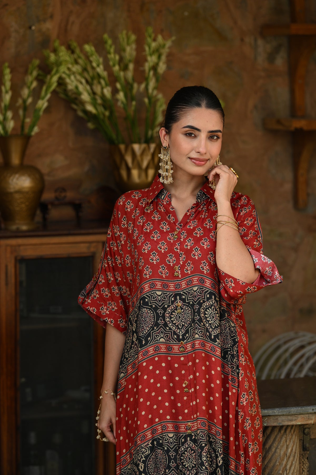 Red and Black Block and Ajrakh Print Kaftan Kurta Set