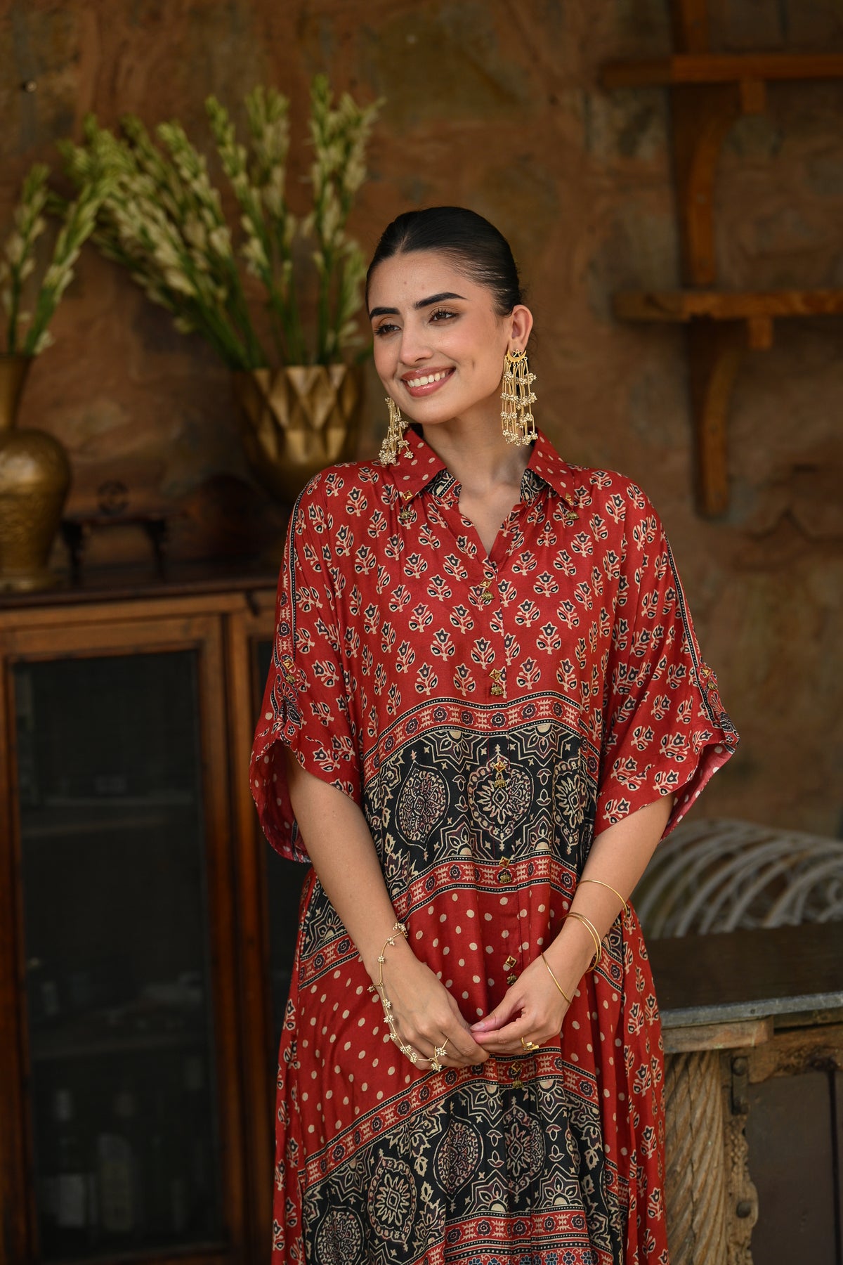 Red and Black Block and Ajrakh Print Kaftan Kurta Set