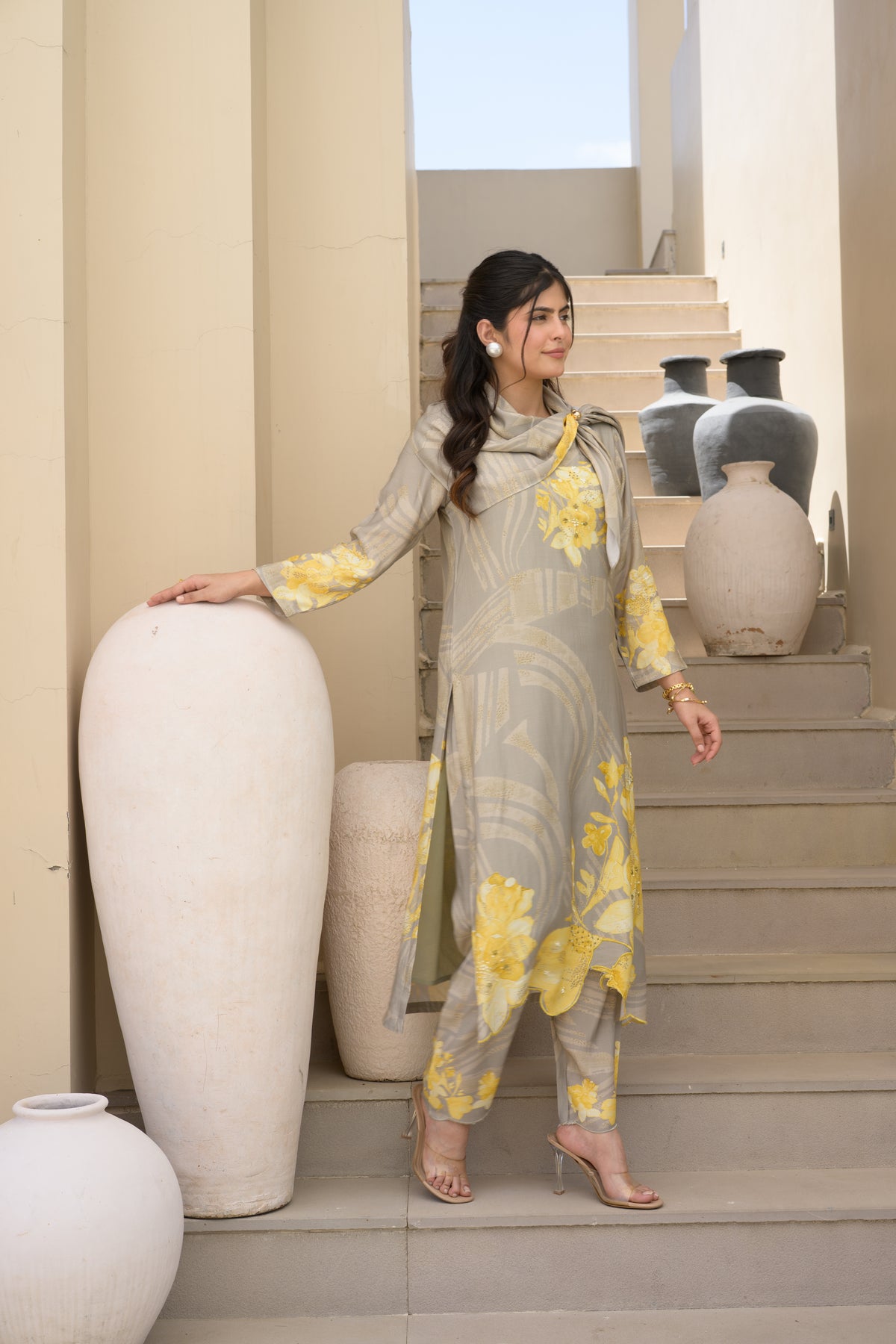 Grey and Yellow Cut Work Scallope Muslin Kurta with Yellow Organza Border Embroidered Scallope Pant Set