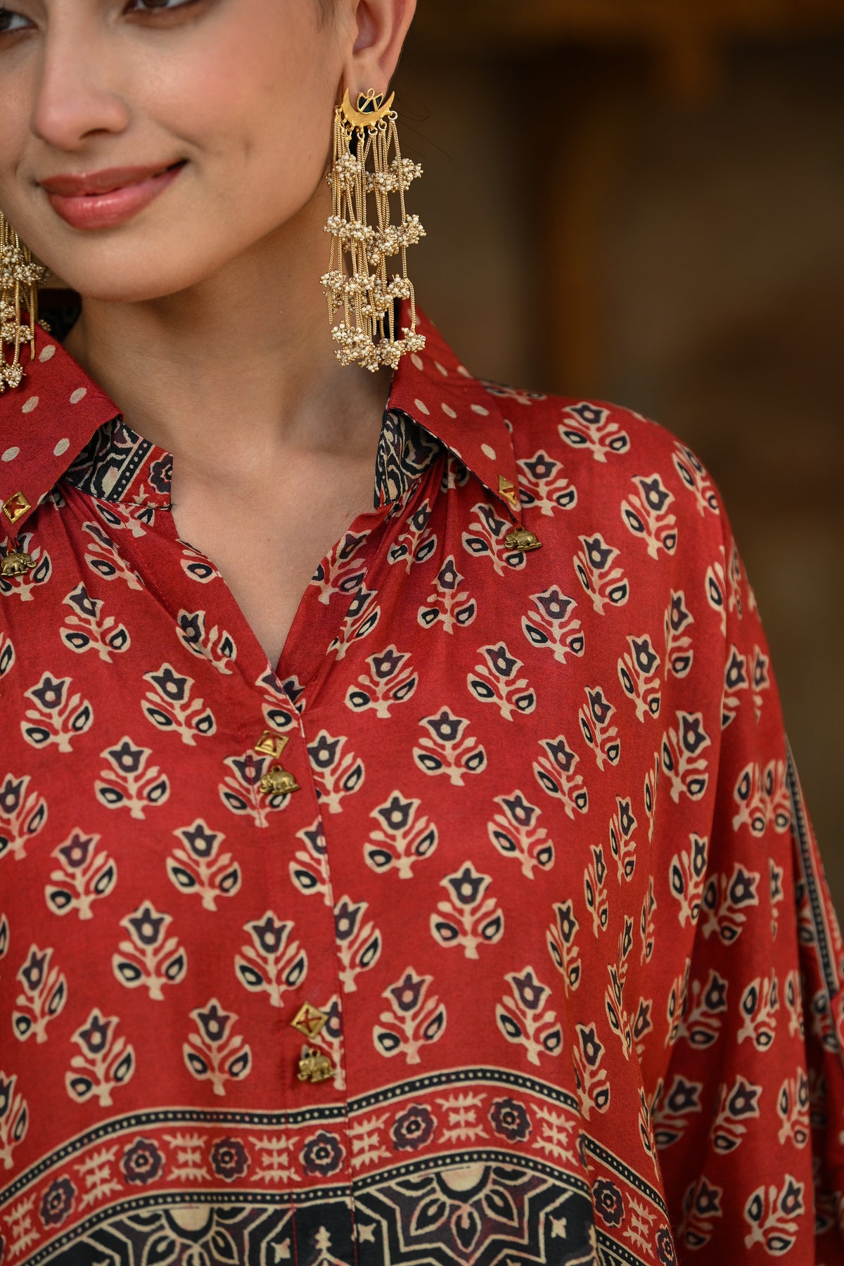 Red and Black Block and Ajrakh Print Kaftan Kurta Set