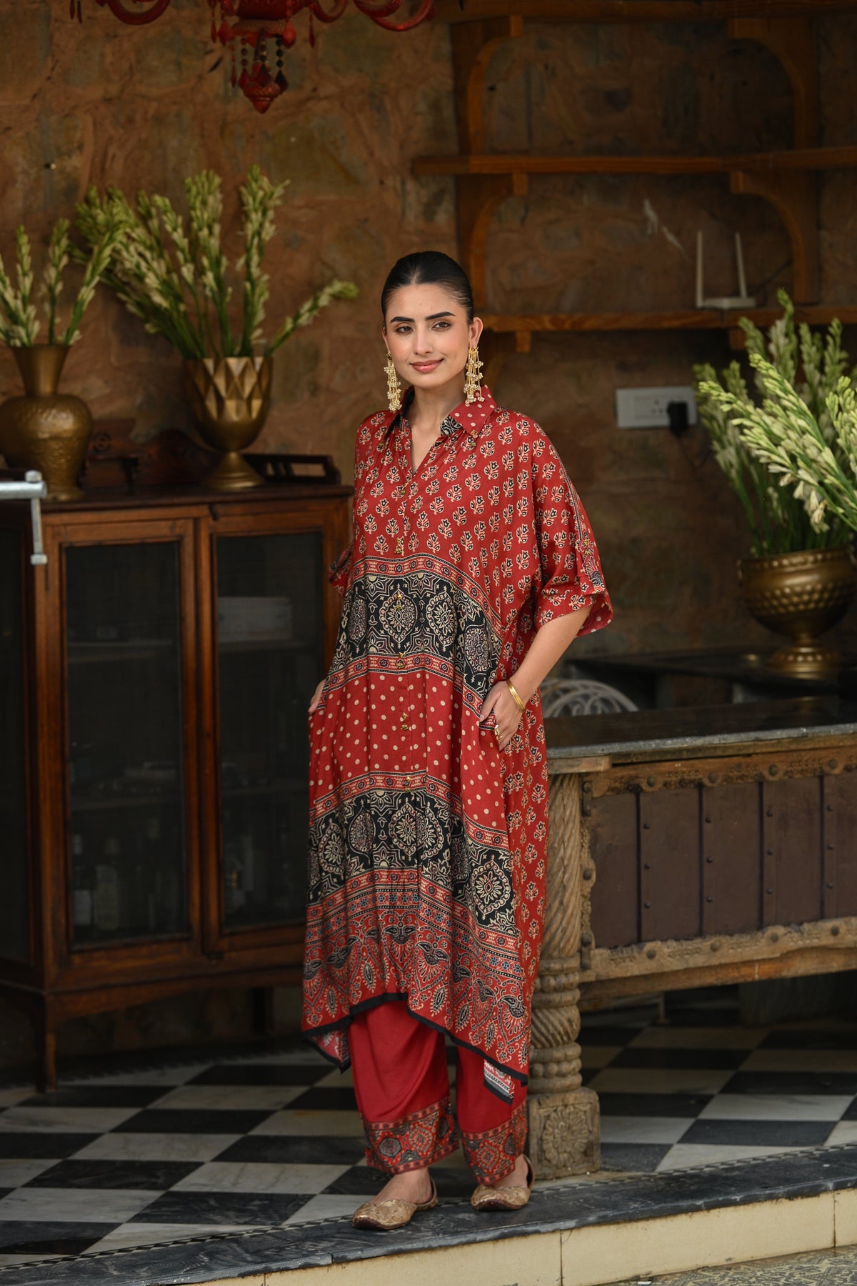 Red and Black Block and Ajrakh Print Kaftan Kurta Set
