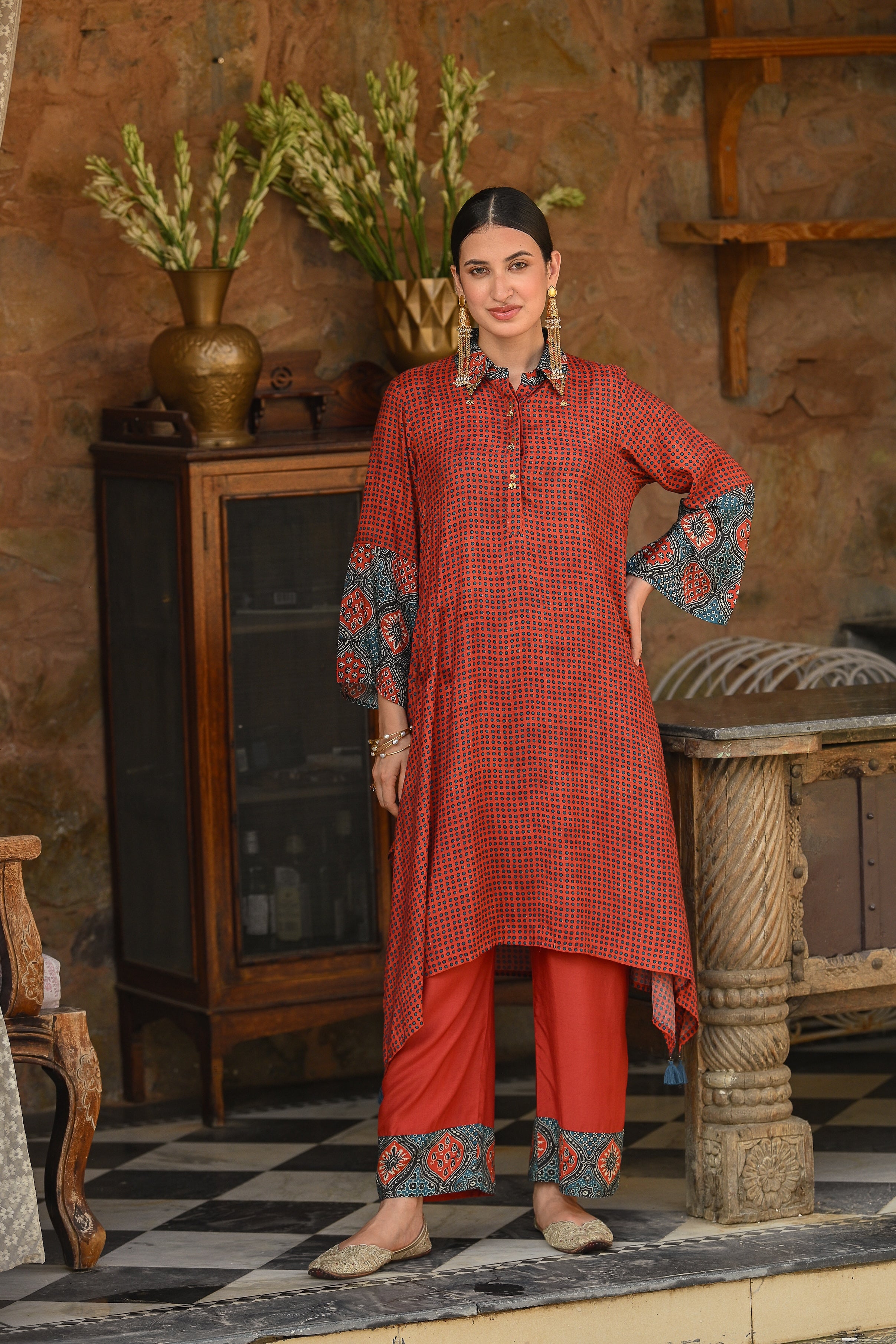 Red  Block Print Muslin A line Collared Kurta Set