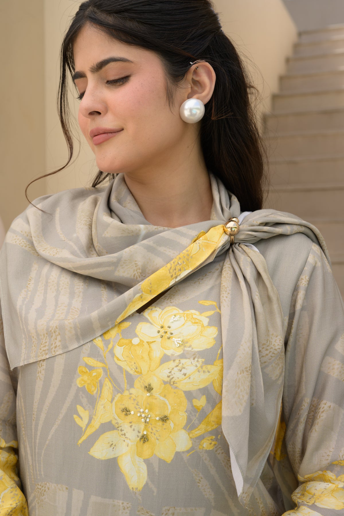 Grey and Yellow Cut Work Scallope Muslin Kurta with Yellow Organza Border Embroidered Scallope Pant Set