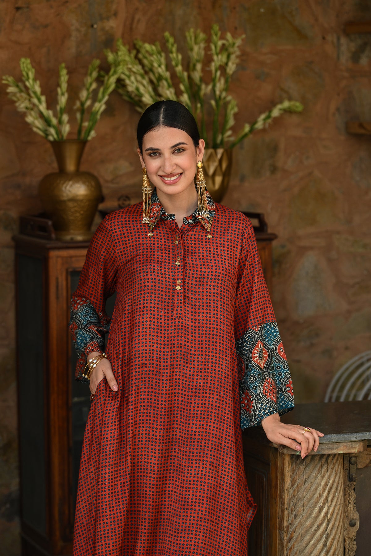 Red  Block Print Muslin A line Collared Kurta Set