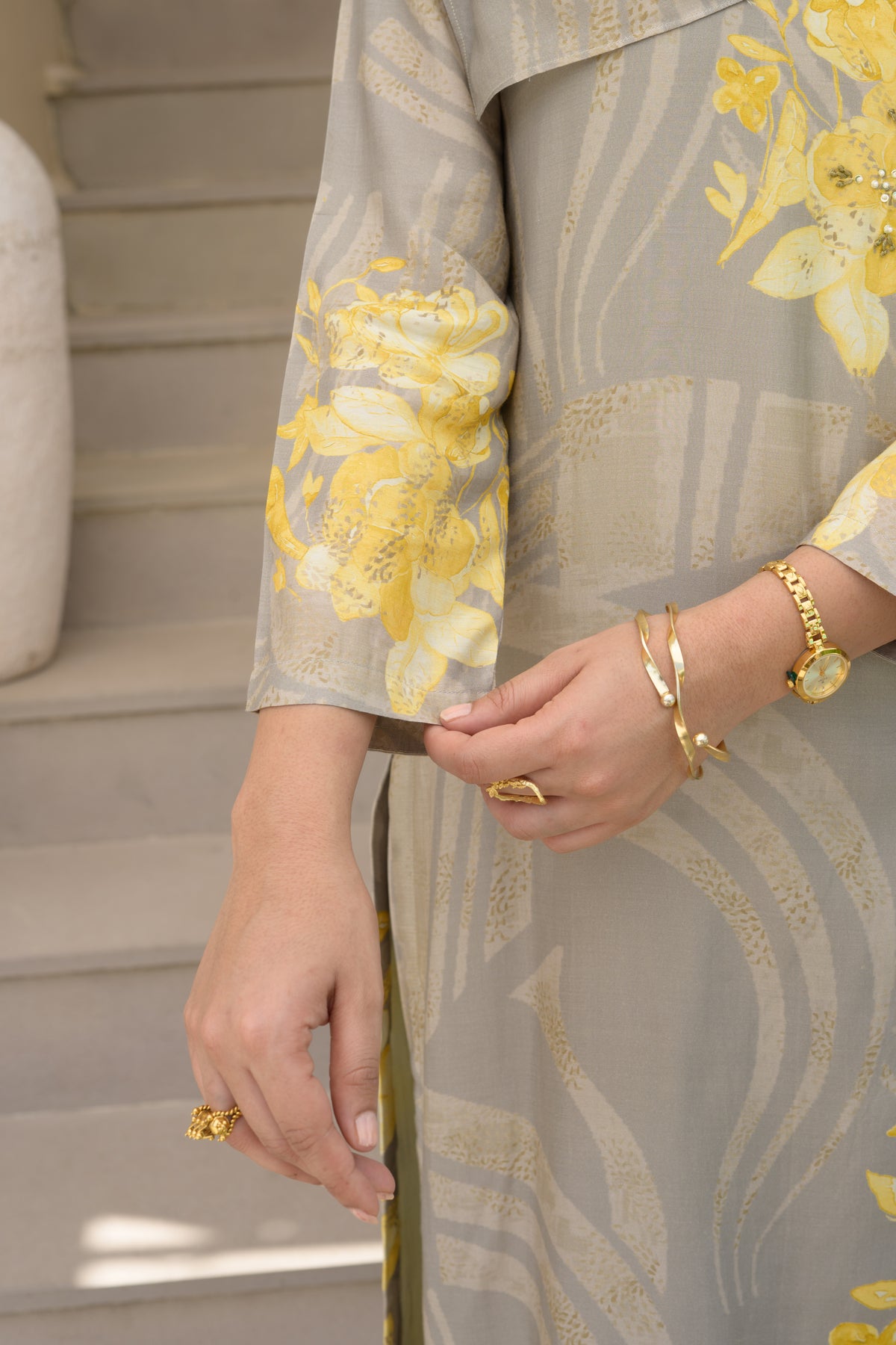 Grey and Yellow Cut Work Scallope Muslin Kurta with Yellow Organza Border Embroidered Scallope Pant Set