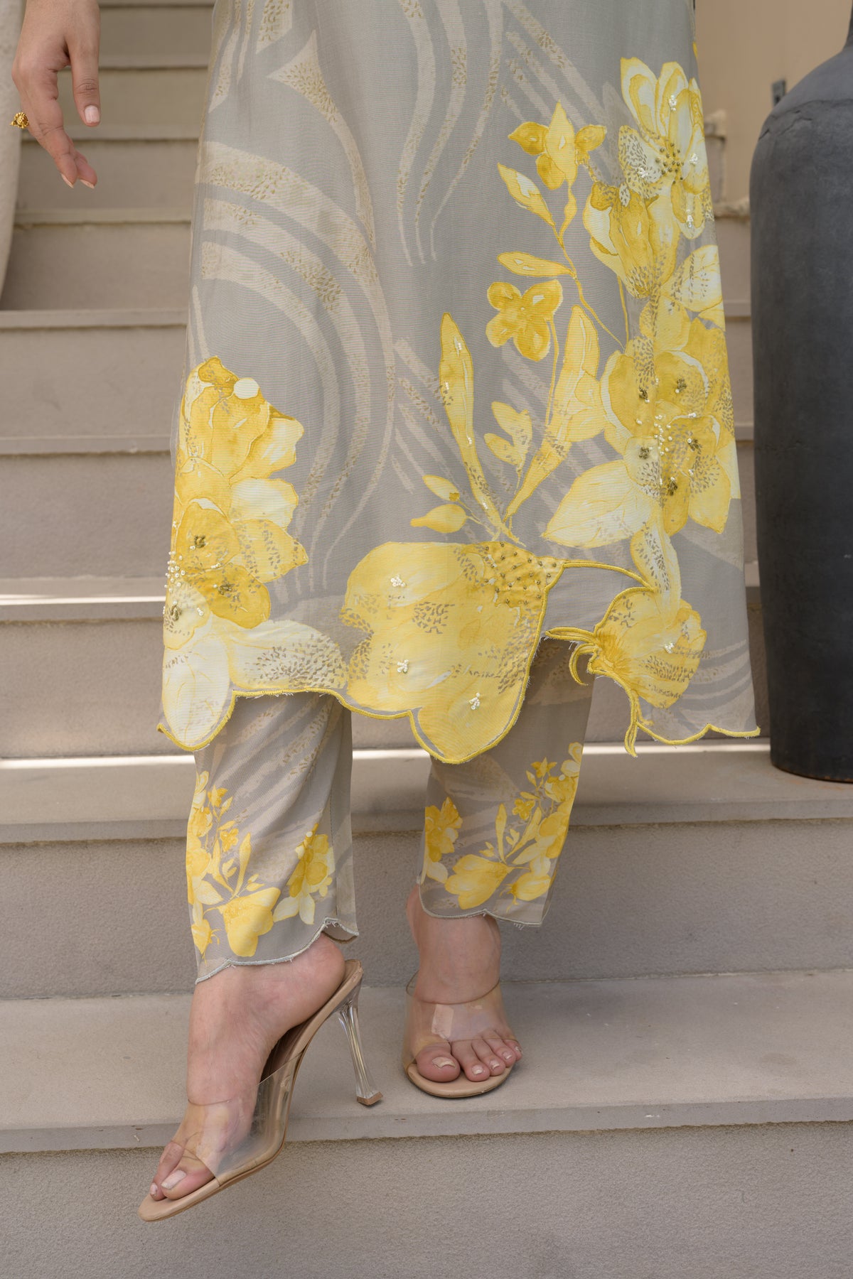 Grey and Yellow Cut Work Scallope Muslin Kurta with Yellow Organza Border Embroidered Scallope Pant Set