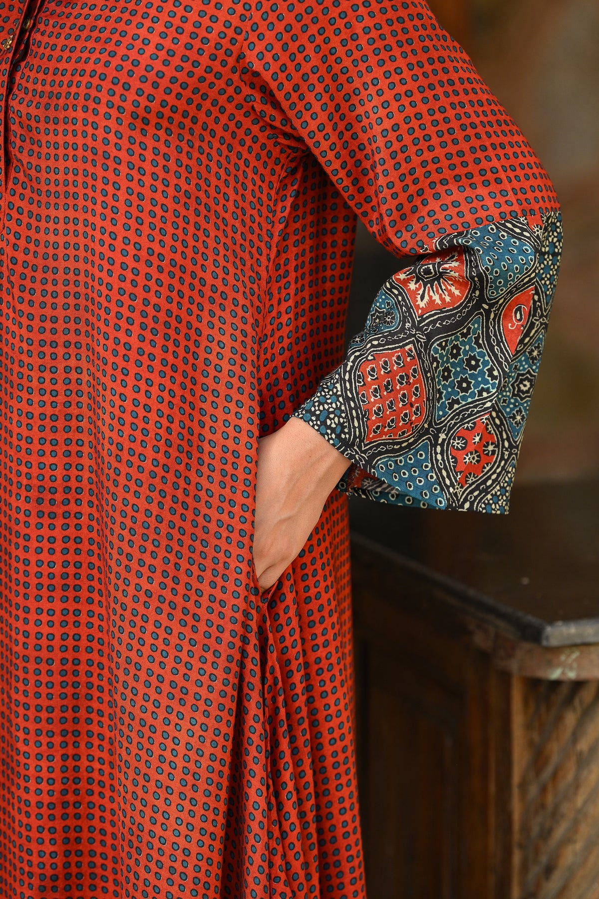 Red  Block Print Muslin A line Collared Kurta Set