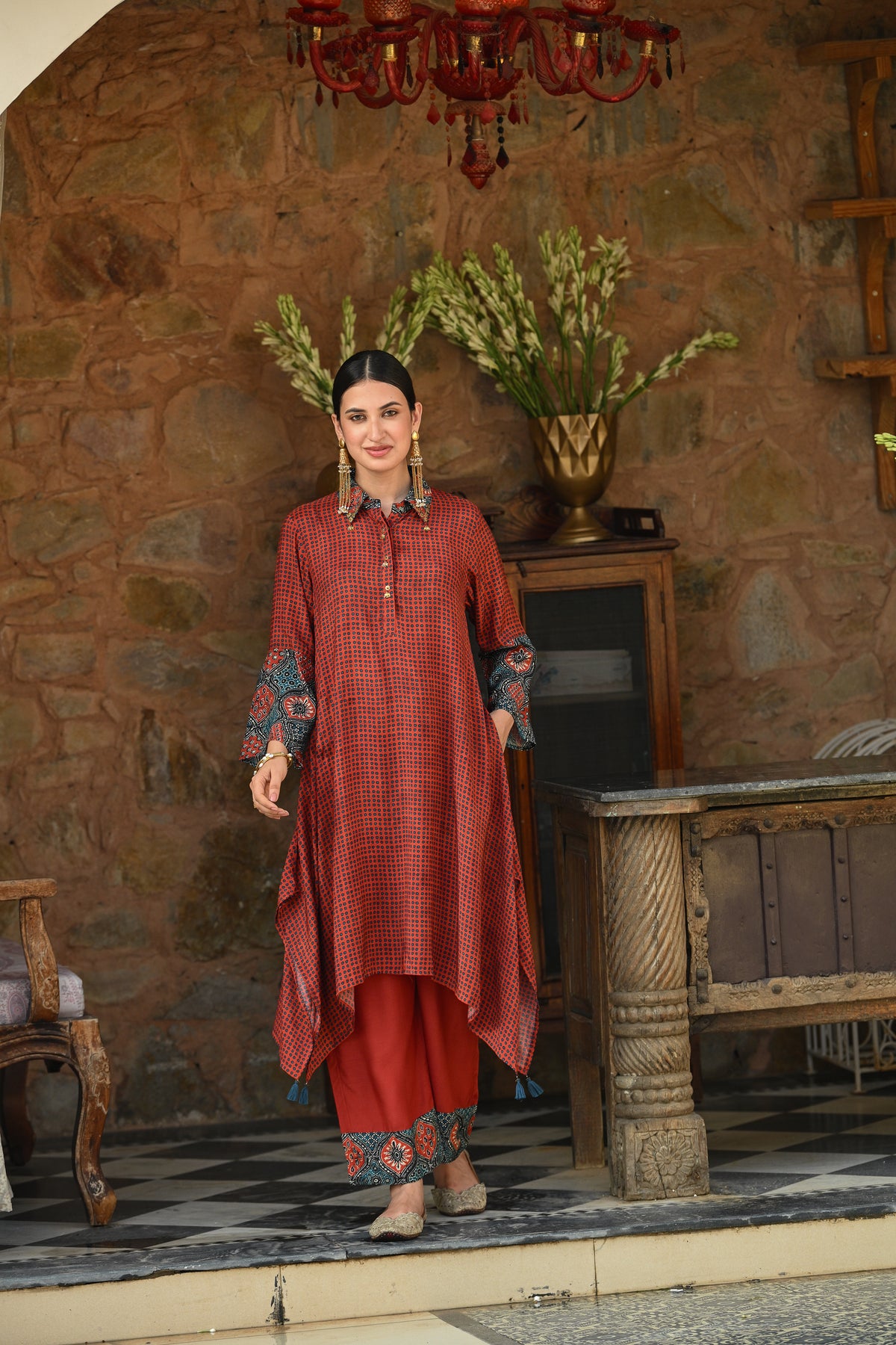 Red  Block Print Muslin A line Collared Kurta Set